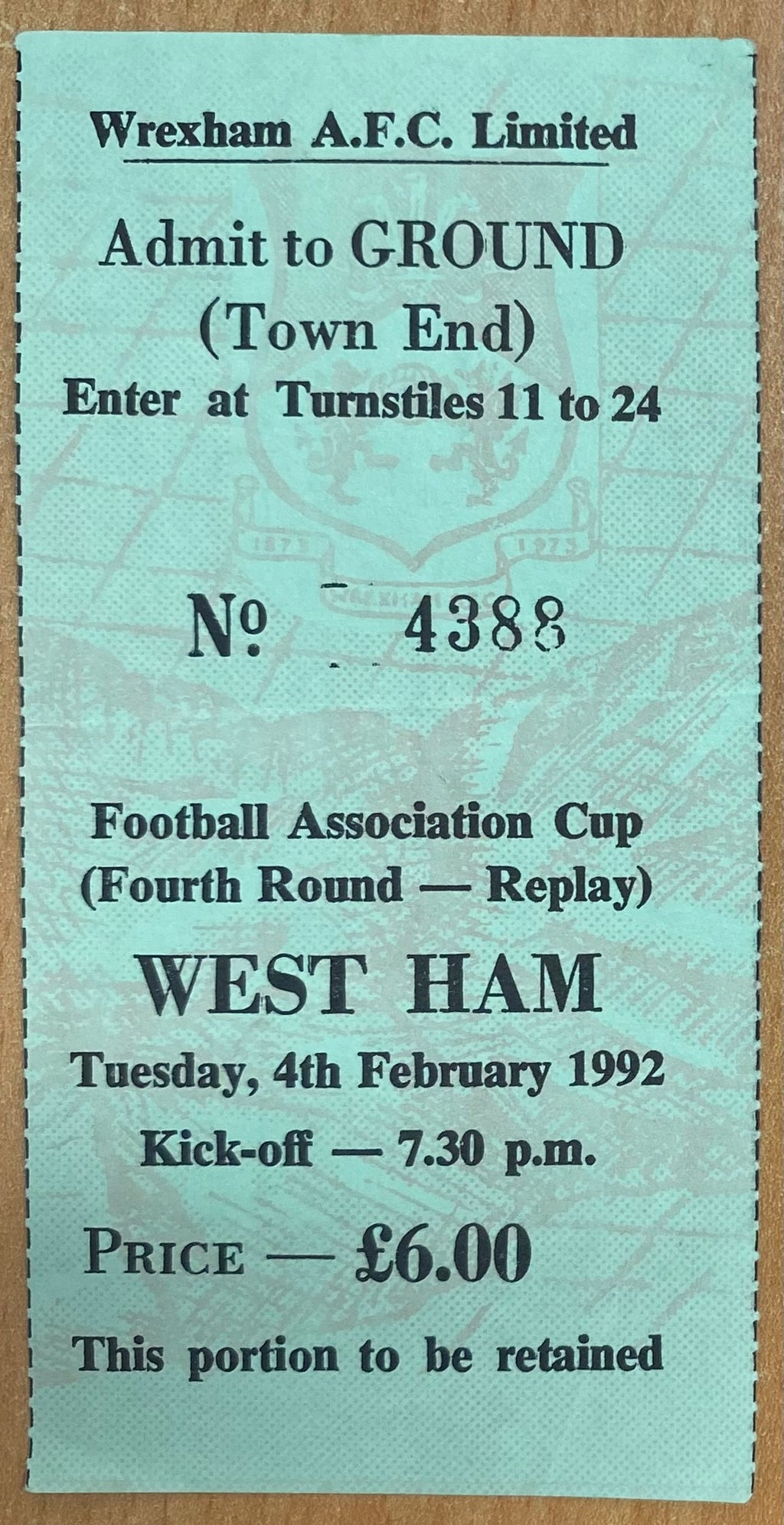 1991/92 ORIGINAL FA CUP 4TH ROUND TICKET WREXHAM V WEST HAM UNITED