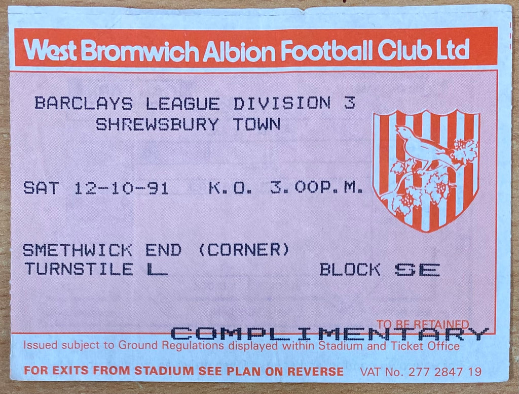 1991/92 ORIGINAL DIVISION 3 TICKET WEST BROMWICH ALBION V SHREWSBURY TOWN