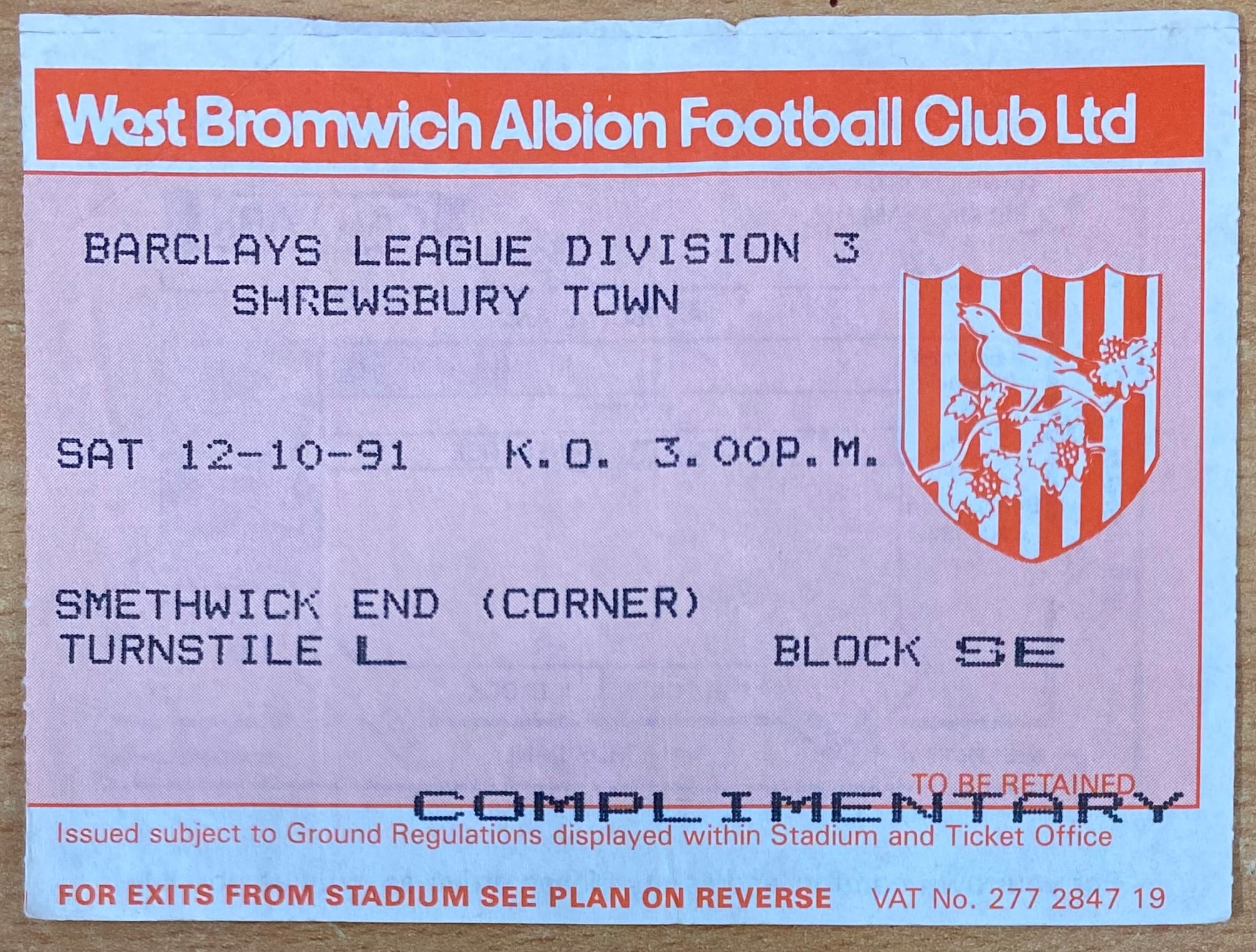 1991/92 ORIGINAL DIVISION 3 TICKET WEST BROMWICH ALBION V SHREWSBURY TOWN