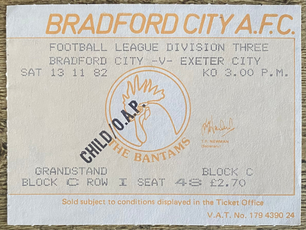 1982/83 ORIGINAL DIVISION 3 TICKET BRADFORD CITY V EXETER CITY