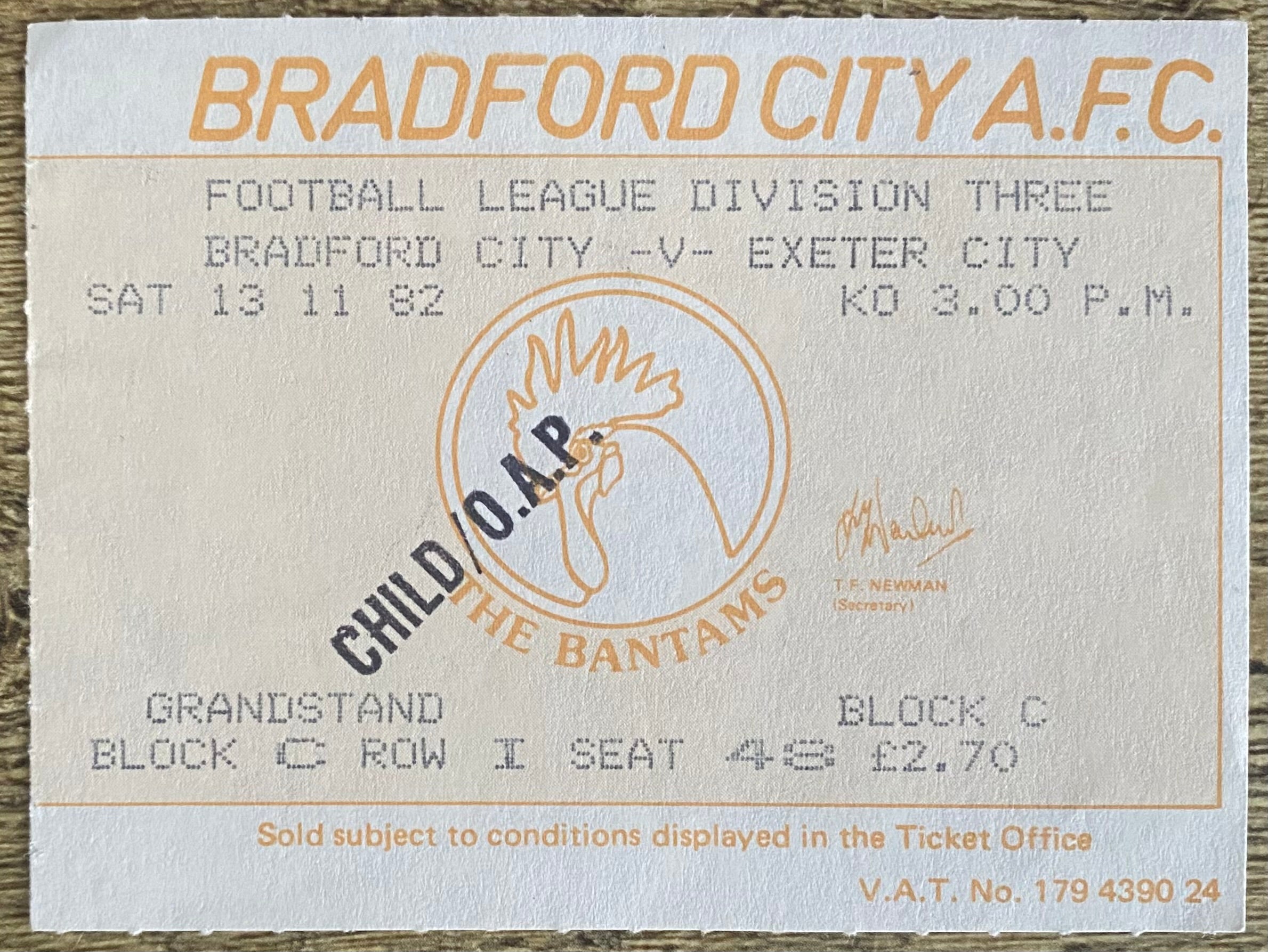 1982/83 ORIGINAL DIVISION 3 TICKET BRADFORD CITY V EXETER CITY