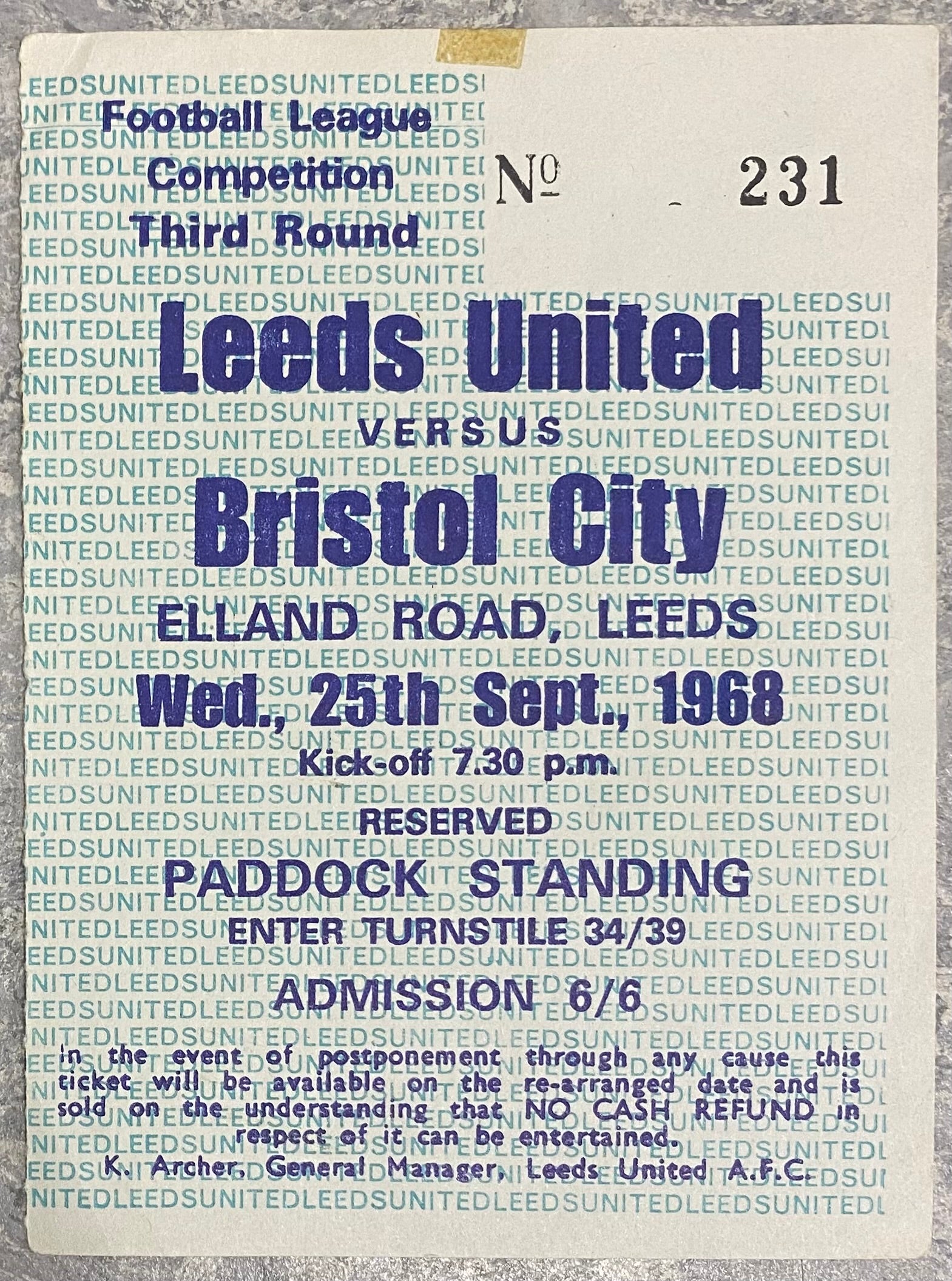 1968/69 ORIGINAL LEAGUE CUP 3RD ROUND TICKET LEEDS UNITED V BRISTOL CITY