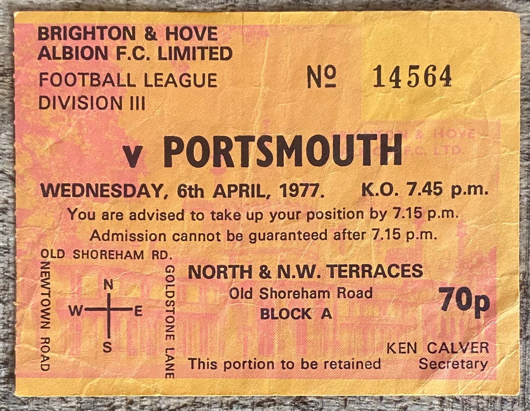 1976/77 ORIGINAL DIVISION 3 TICKET BRIGHTON AND HOVE ALBION V PORTSMOUTH