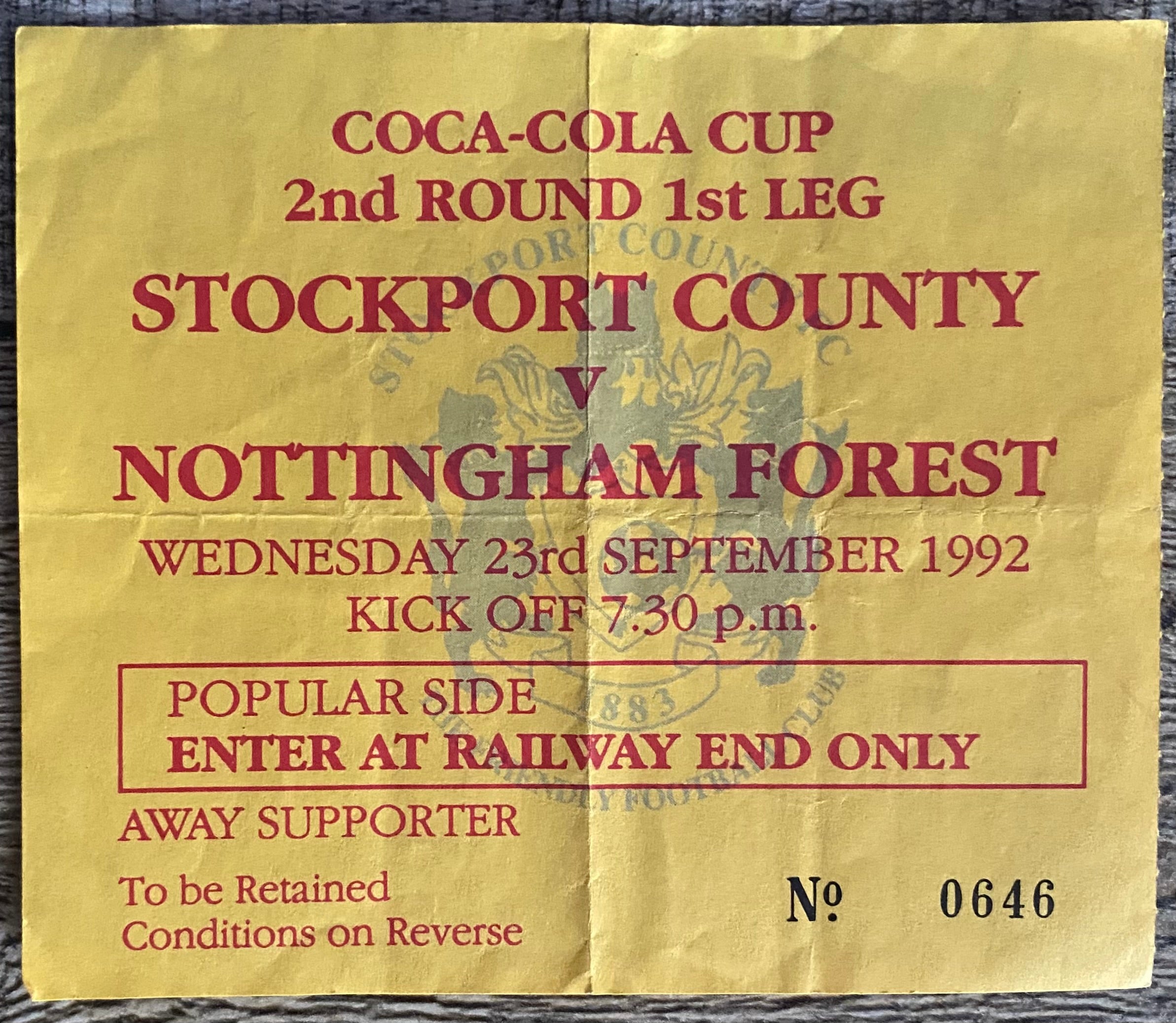 1992/93 ORIGINAL COCSA COLA CUP 2ND ROUND 1ST LEG TICKET STOCKPORT COUNTY V NOTTINGHAM FOREST