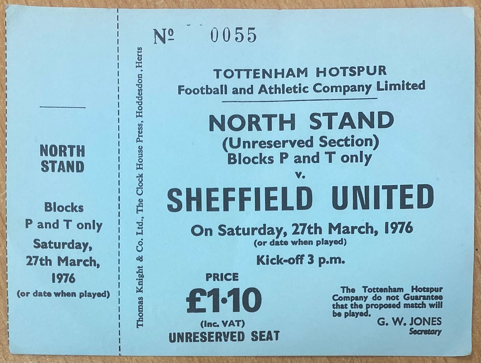 1975/76 ORIGINAL DIVISION ONE UNUSED TICKET TOTTENHAM HOTSPUR V SHEFFIELD UNITED