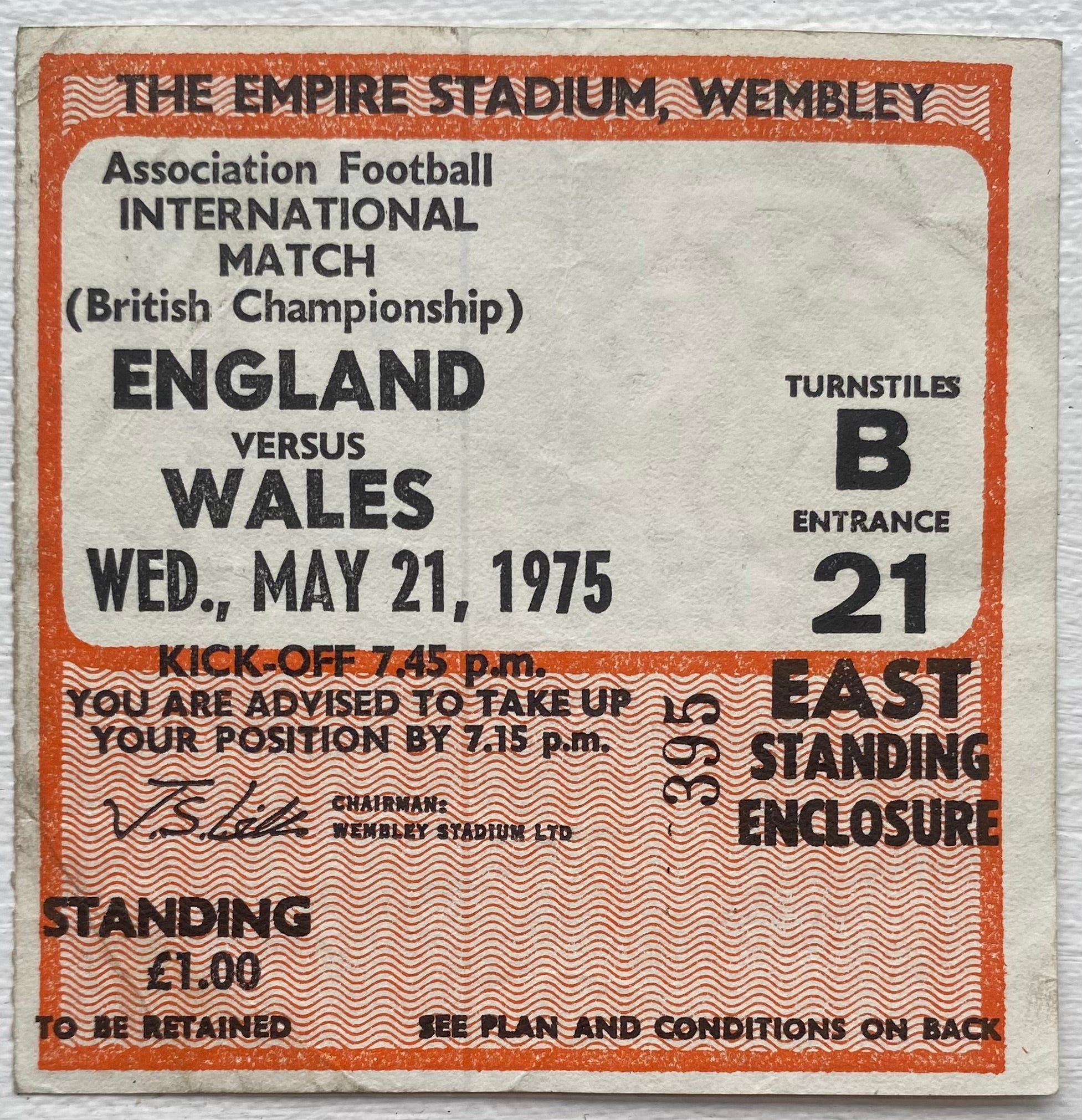 1975 ORIGINAL BRITISH HOME INTERNATIONAL CHAMPIONSHIPS TICKET ENGLAND V WALES