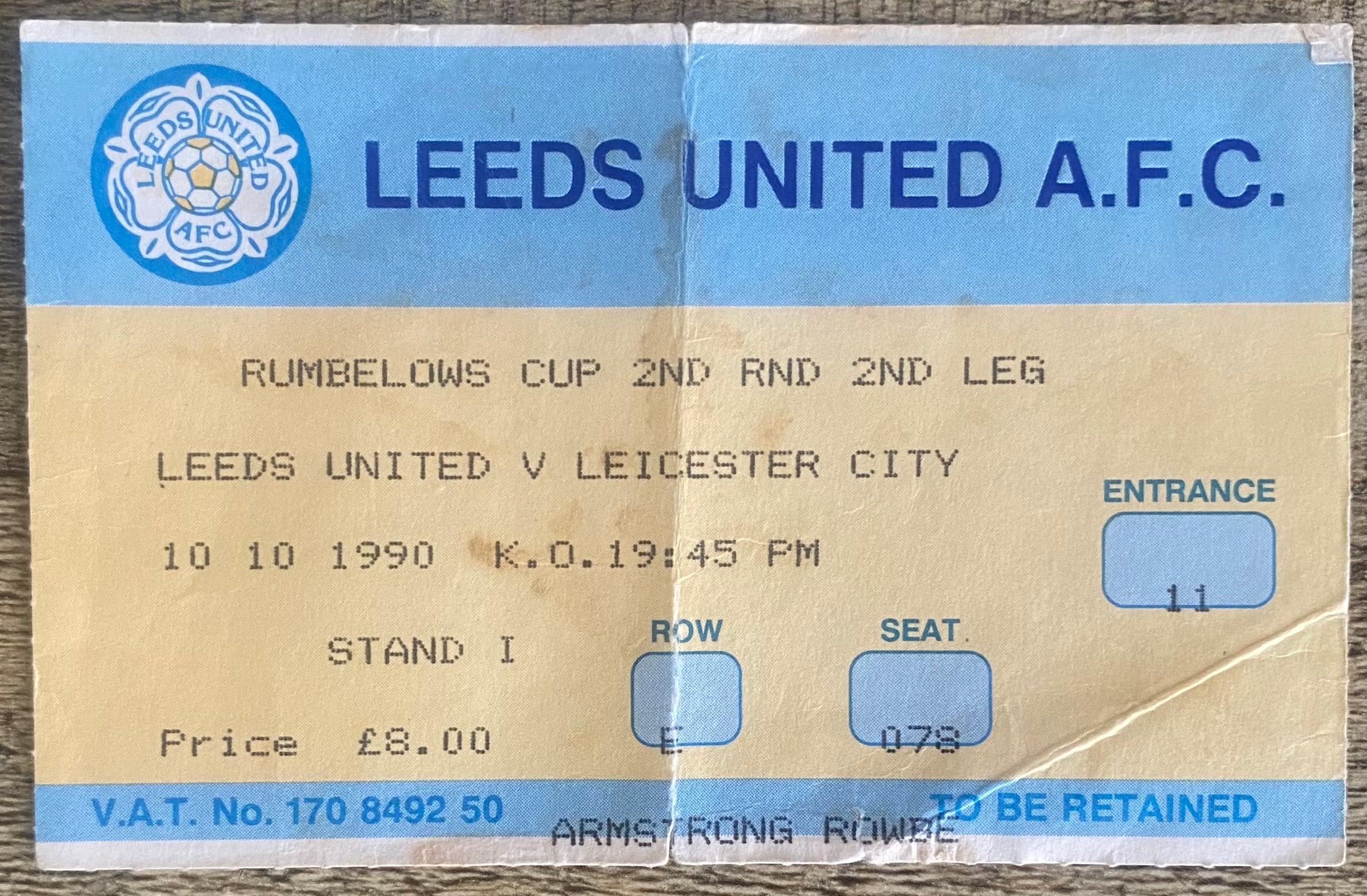 1990/91 ORIGINAL RUMBELOWS CUP 2ND ROUND 2ND LEG TICKET LEEDS UNITED V LEICESTER CITY