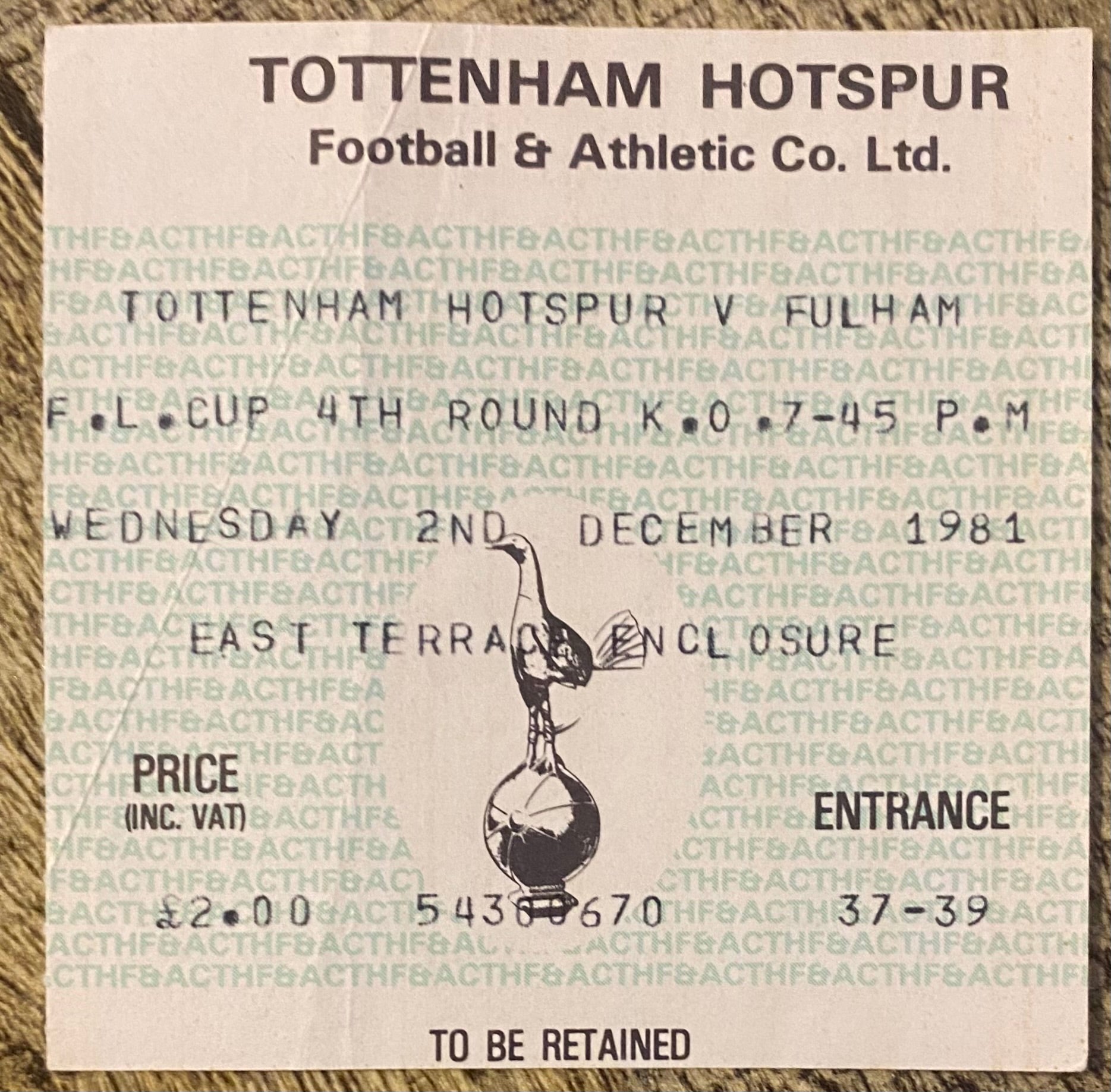 1981/82 ORIGINAL LEAGUE CUP 4TH ROUND TICKET TOTTENHAM HOTSPUR V FULHAM