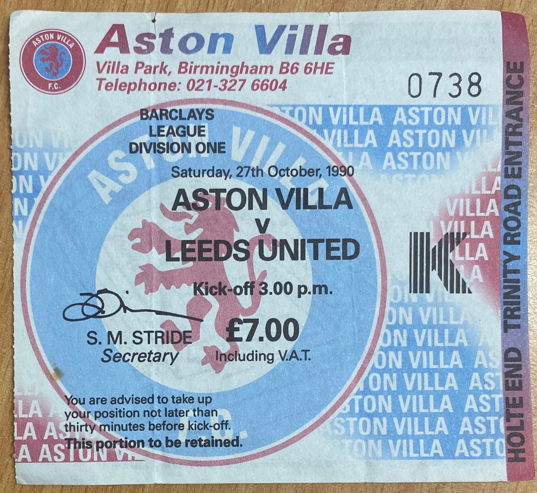 1990/91 ORIGINAL DIVISION 1 UNUSED TICKET ASTON VILLA V LEEDS UNITED