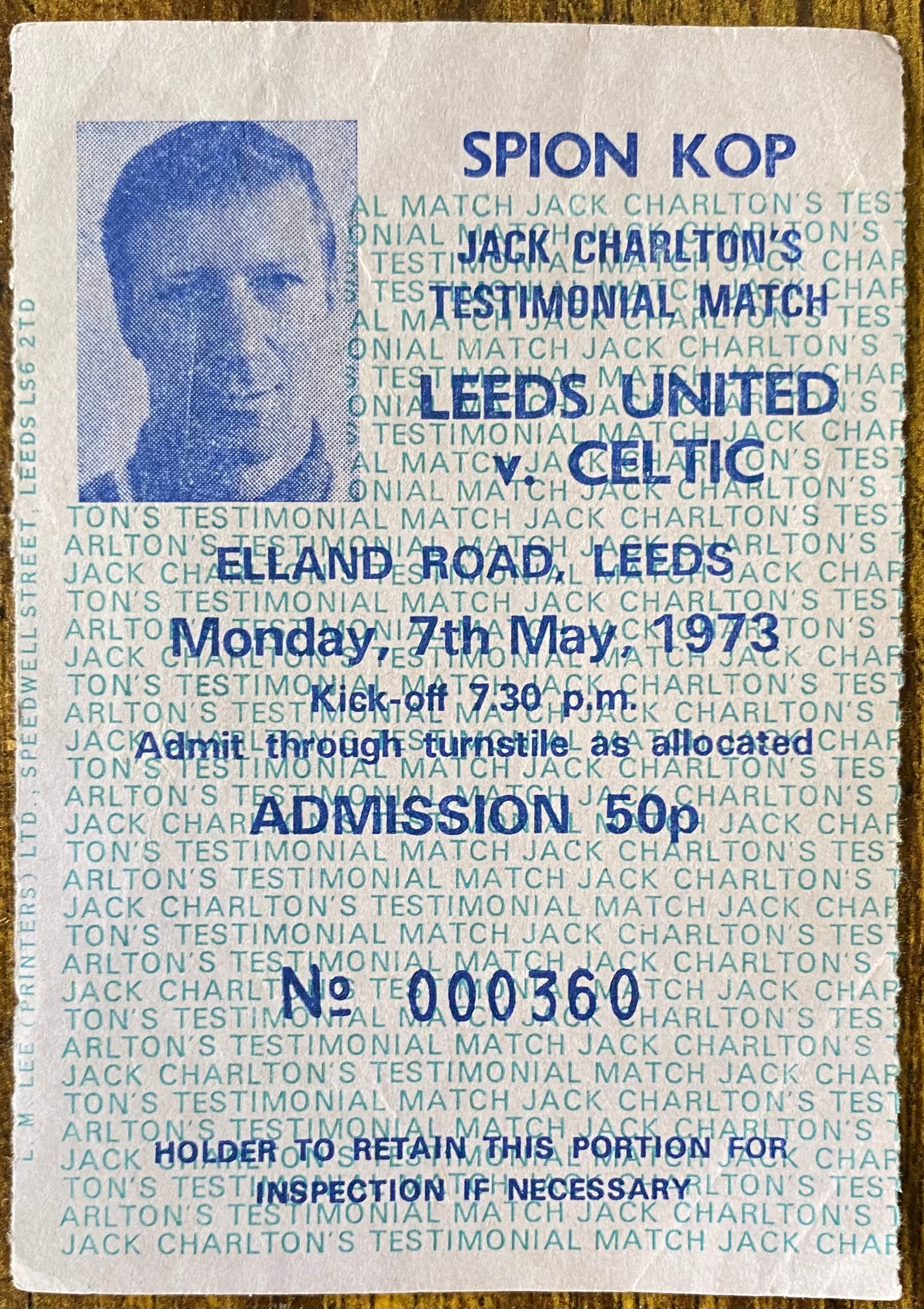 1972/73 ORIGINAL JACK CHARLTON TESTIMONIAL TICKET LEEDS UNITED V GLASGOW CELTIC