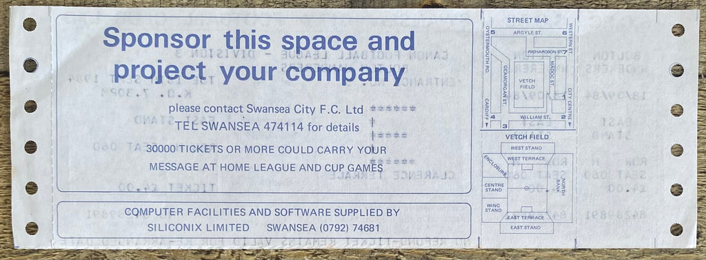 1984/85 ORIGINAL DIVISION 3 UNUSED TICKET SWANSEA CITY V BOLTON WANDERERS