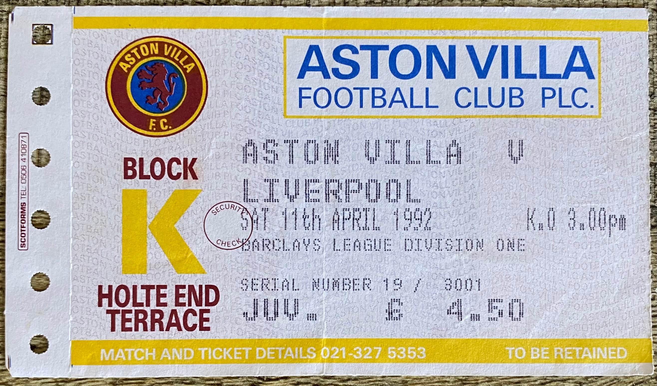 1991/92 ORIGINAL DIVISION 1 TICKET ASTON VILLA V LIVERPOOL