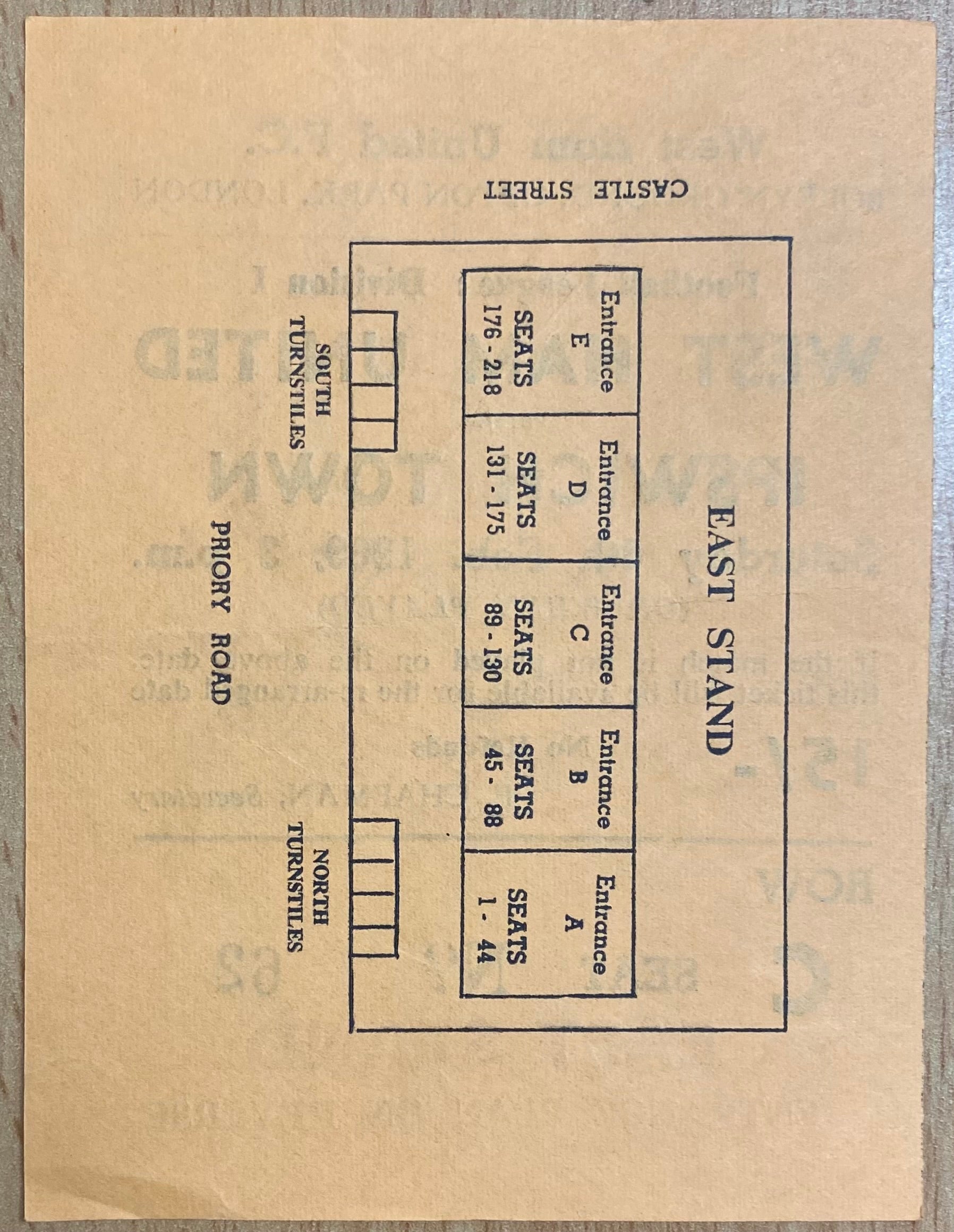 1968/69 ORIGINAL DIVISION 1 TICKET WEST HAM UNITED V IPSWICH TOWN
