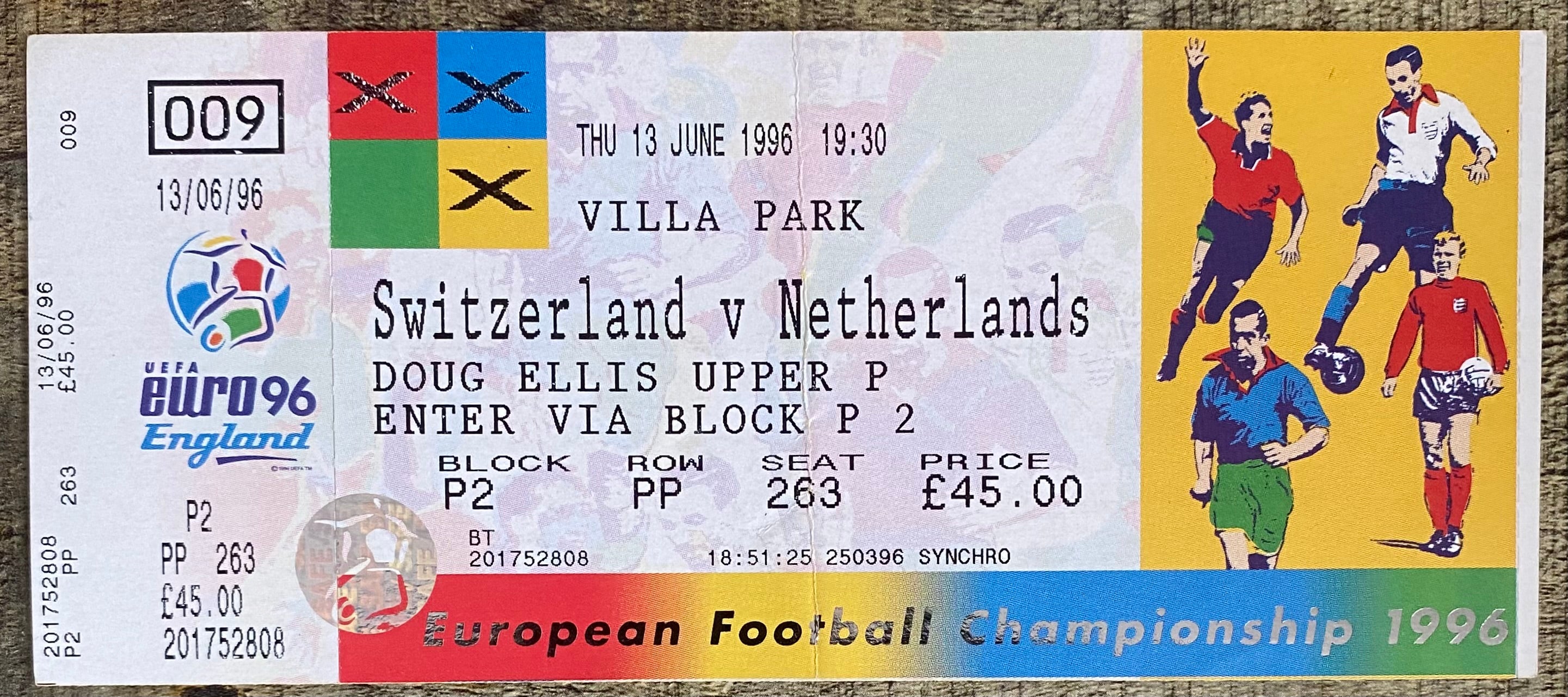 1996 ORIGINAL EUROPEAN CHAMPIONSHIPS EURO 96 UNUSED TICKET NETHERLANDS V SWITZERLAND @ VILLA PARK