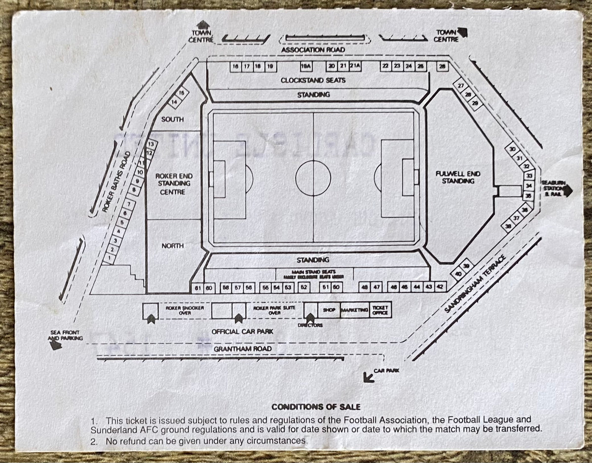 1994/95 ORIGINAL FA CUP 3RD ROUND TICKET SUNDERLAND v CARLISLE UNITED
