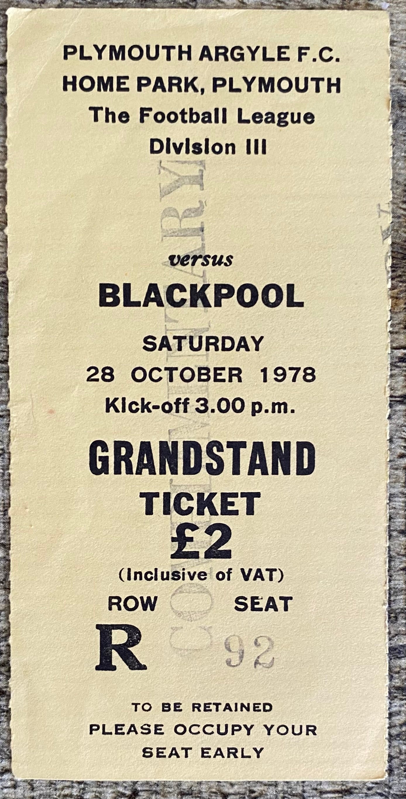 1978/79  ORIGINAL DIVISION 3 TICKET PLYMOUTH ARGYLE V BLACKPOOL