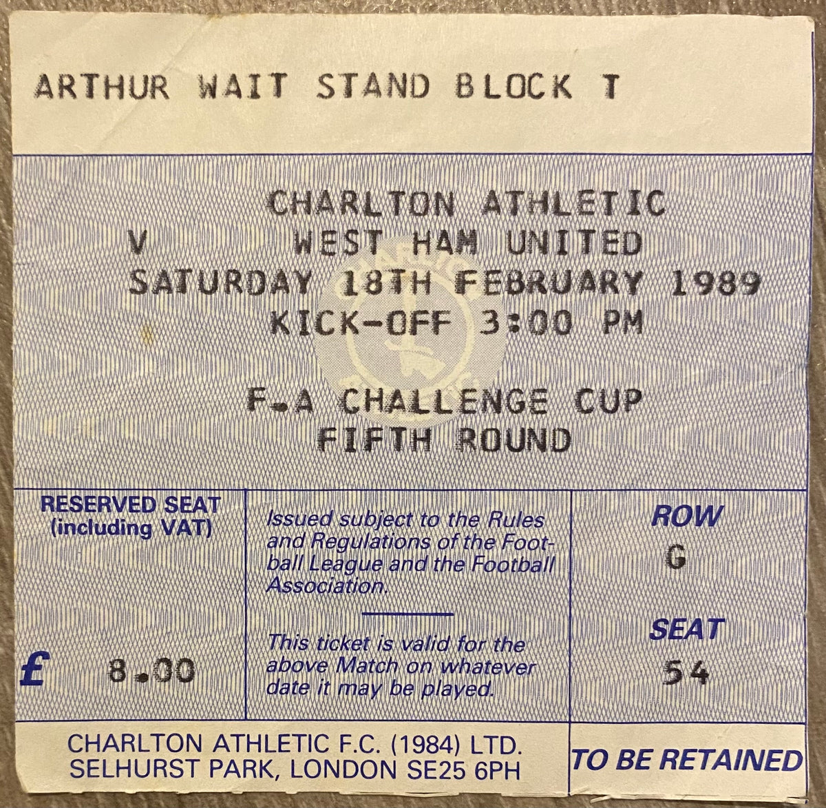 1988/89 ORIGINAL FA CUP 5TH ROUND TICKET CHARLTON ATHLETIC V WEST HAM UNITED