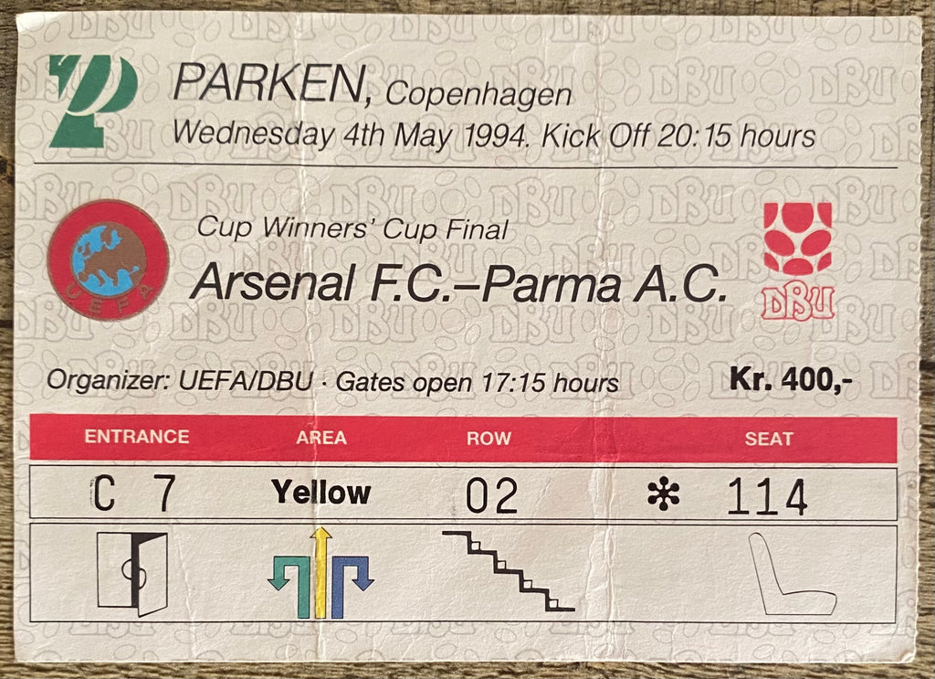1994 ORIGINAL EUROPEAN CUP WINNERS CUP  FINAL TICKET ARSENAL V PARMA @ COPENHAGEN
