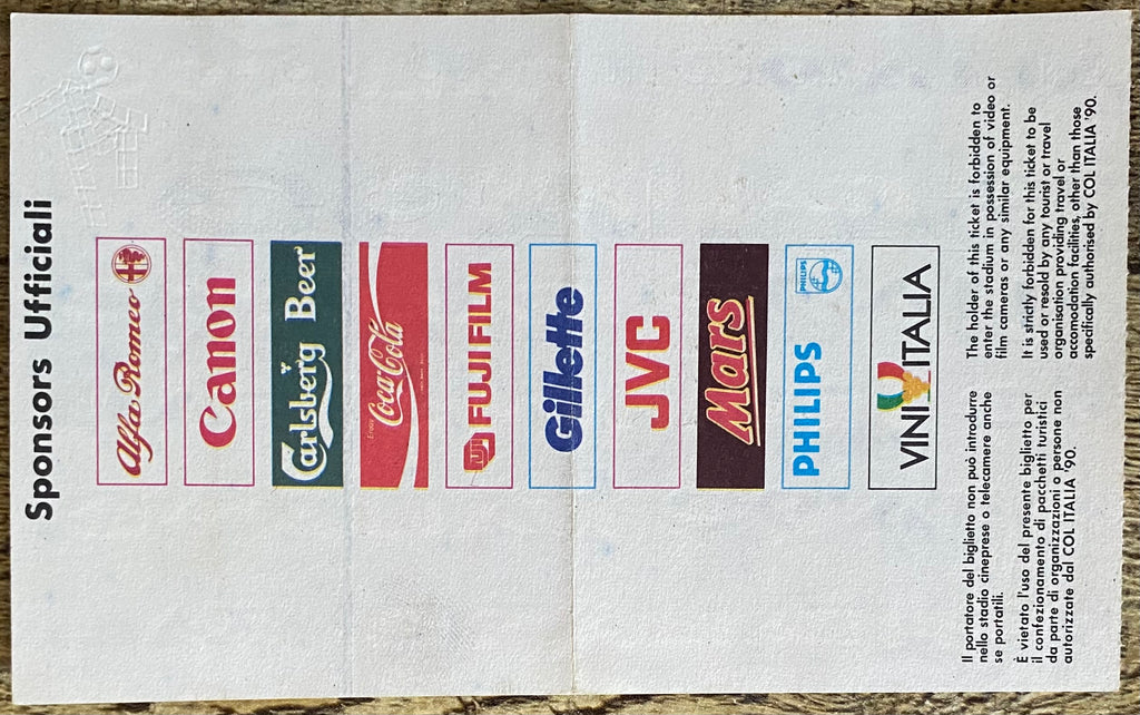 1990 ORIGINAL WORLD CUP 2ND ROUND TICKET ENGLAND V BELGIUM @ BOLOGNA
