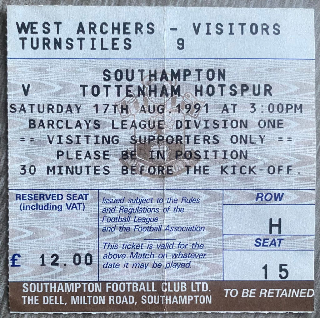 1991/92 ORIGINAL DIVISION ONE TICKET SOUTHAMPTON V TOTTENHAM HOTSPUR