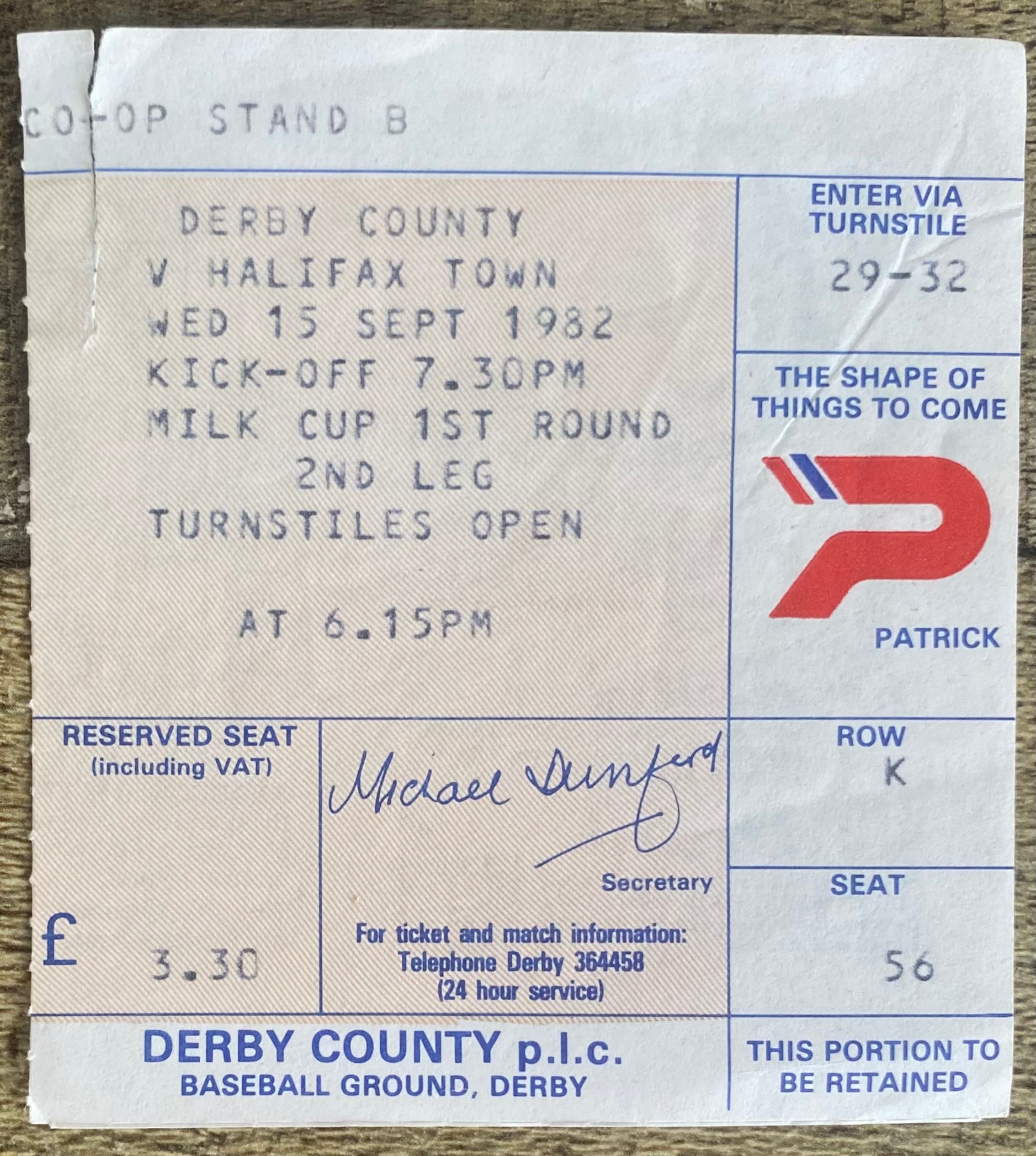 1982/83 ORIGINAL MILK CUP 1ST ROUND 2ND LEG TICKET DERBY COUNTY V HALIFAX TOWN