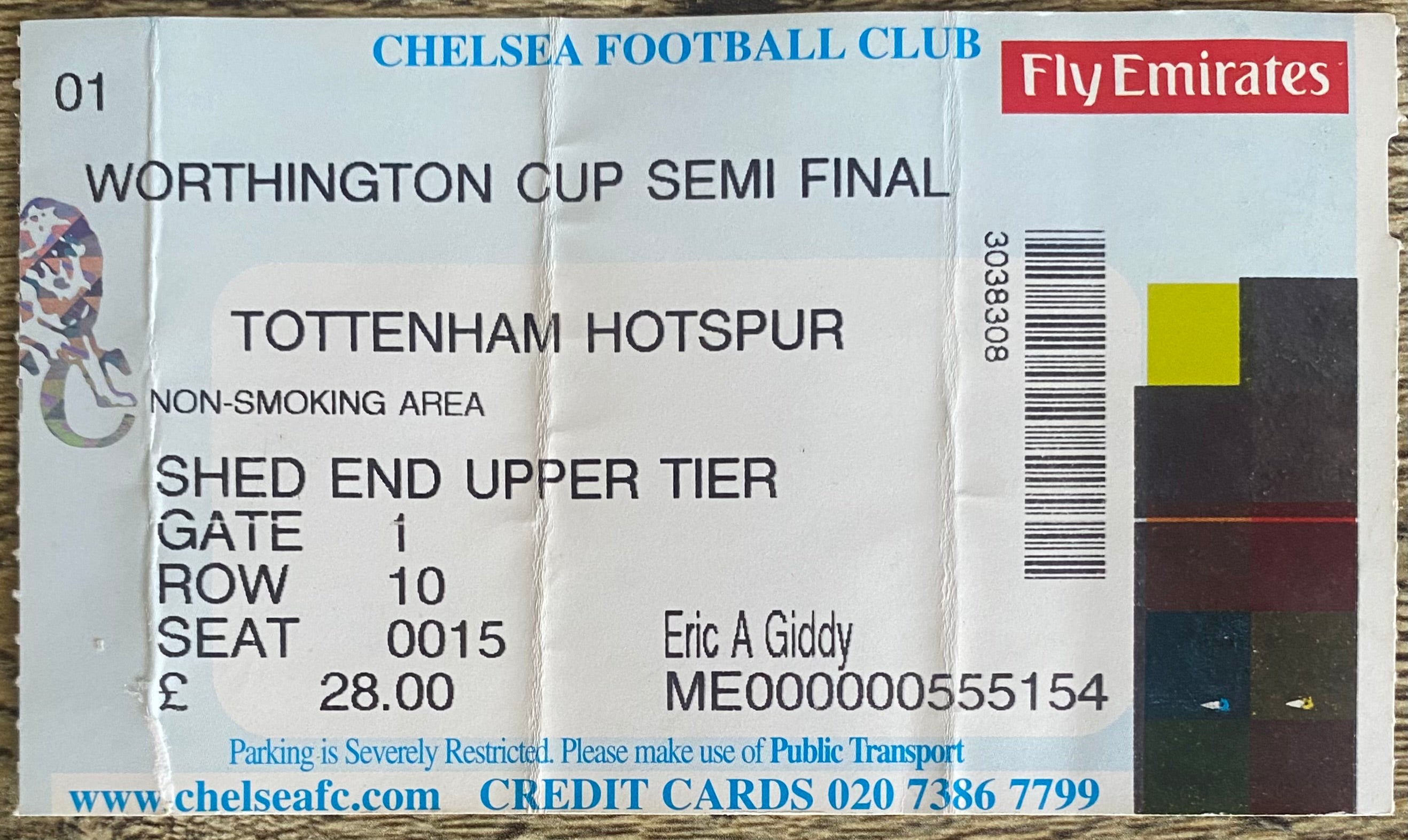 2001/02 ORIGINAL WORTHINGTON CUP SEMI FINAL 1ST LEG TICKET CHELSEA V TOTTENHAM HOTSPUR