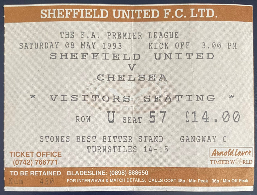 1992/93 ORIGINAL PREMIER LEAGUE TICKET SHEFFIELD UNITED V CHELSEA