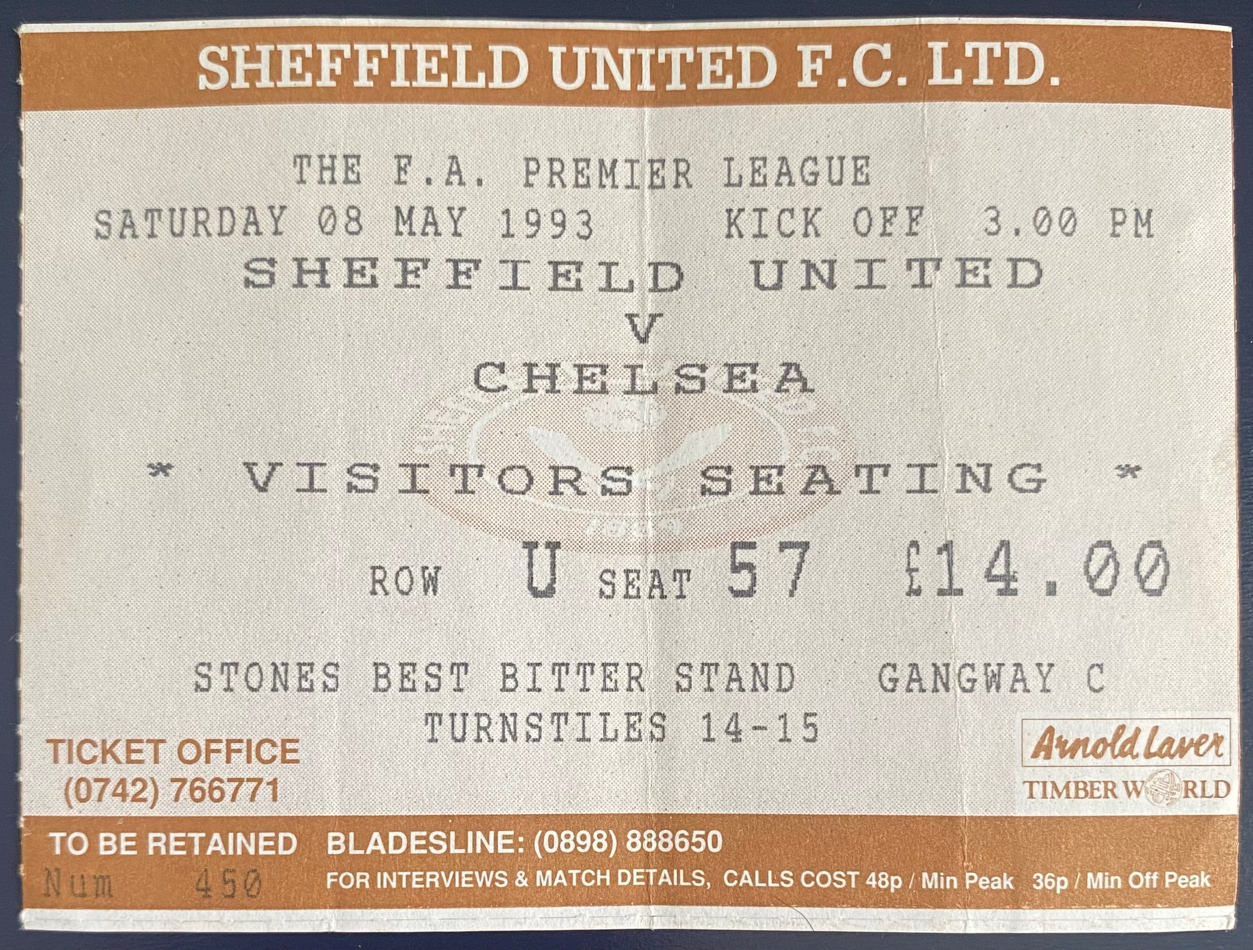 1992/93 ORIGINAL PREMIER LEAGUE TICKET SHEFFIELD UNITED V CHELSEA