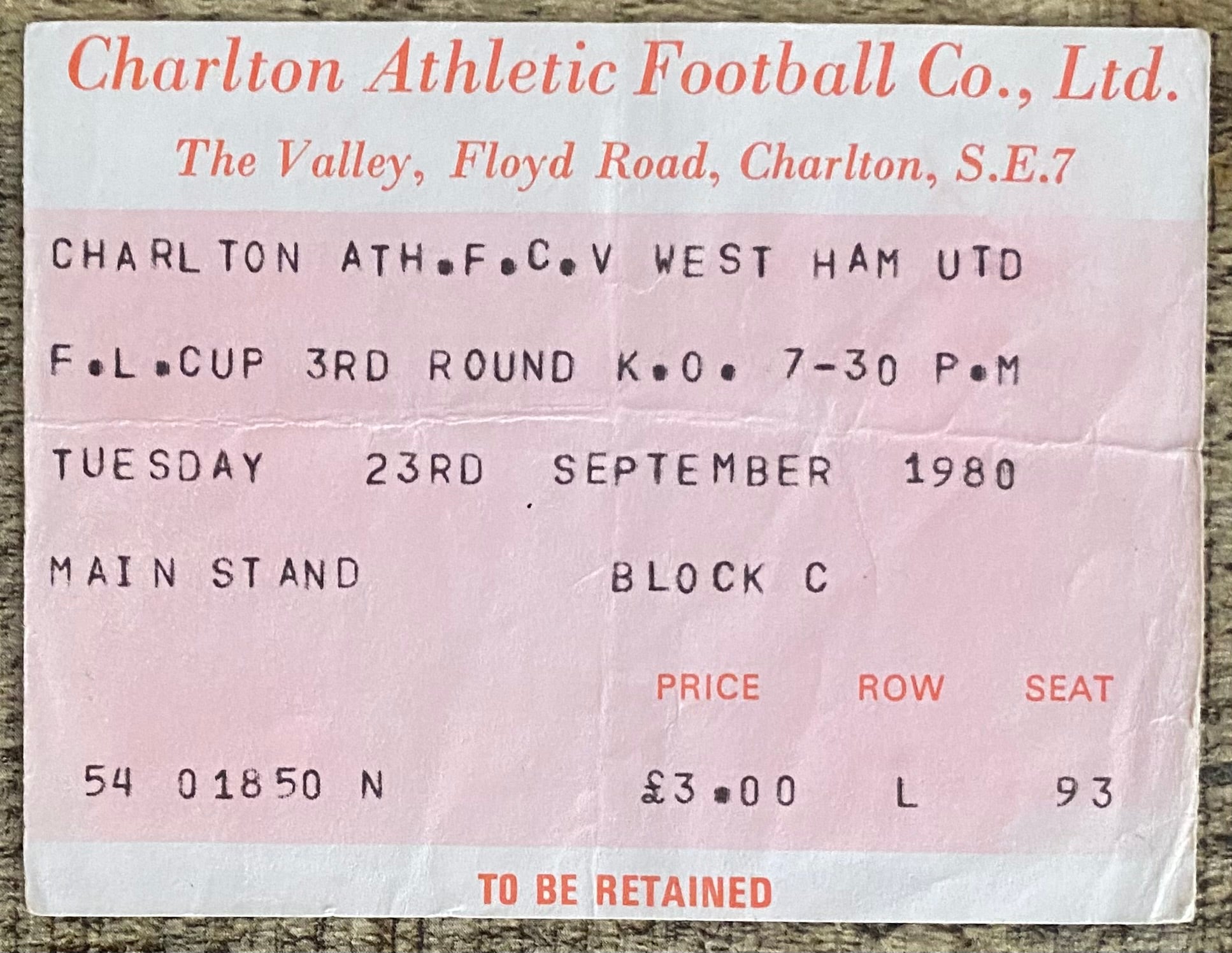 1980/81 ORIGINAL LEAGUE CUP 3RD ROUND TICKET CHARLTON ATHLETIC V WEST HAM UNITED
