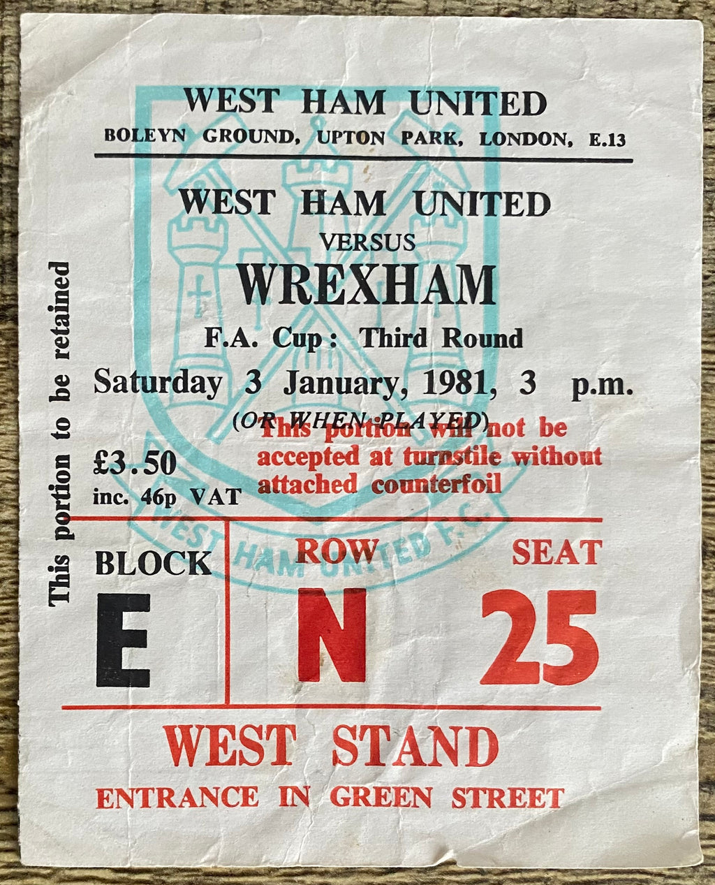 1980/81 ORIGINAL FA CUP 3RD ROUND TICKET WEST HAM UNITED V WREXHAM