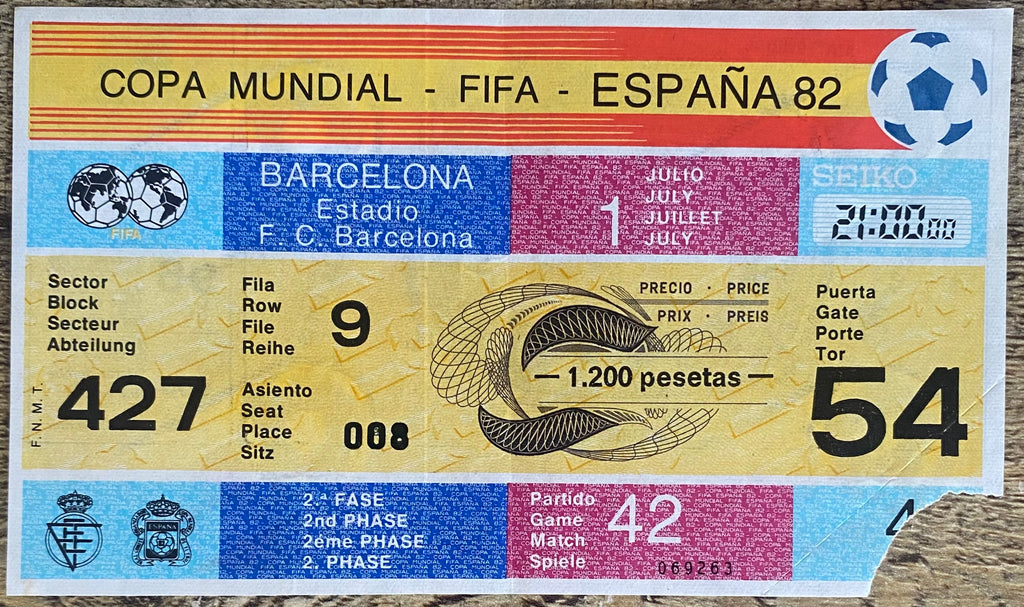 1982 ORIGINAL WORLD CUP 2ND PHASE TICKET SOVIET UNION V BELGIUM @ BARCELONA
