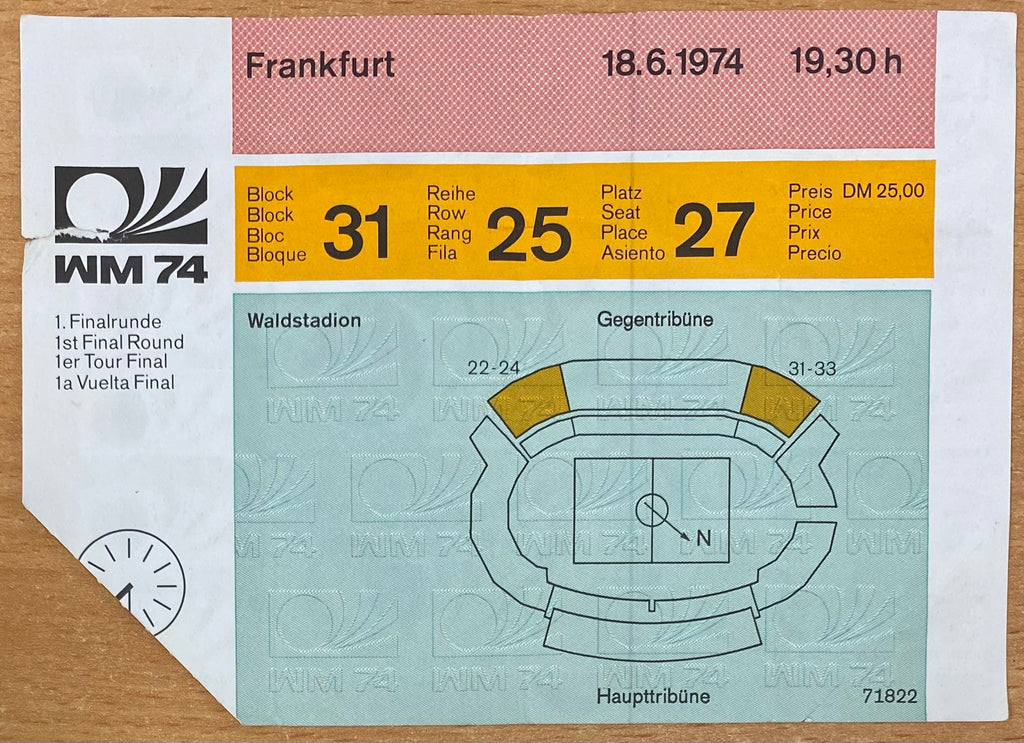 1974 ORIGINAL WORLD CUP 1ST ROUND TICKET SCOTLAND V BRAZIL @ FRANKFURT