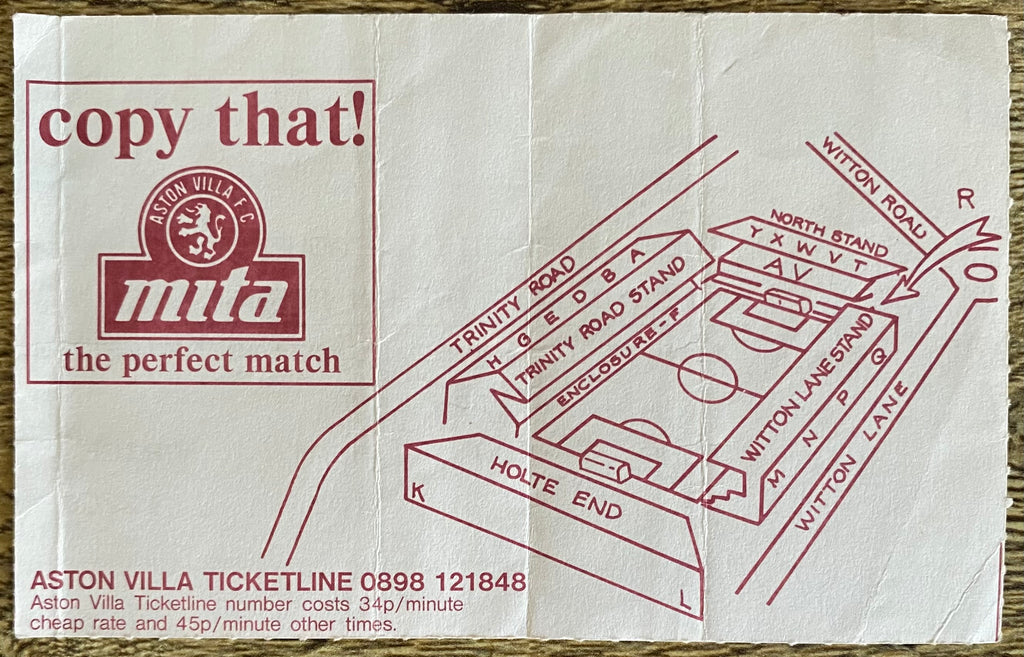 1992/93 ORIGINAL PREMIER LEAGUE TICKET ASTON VILLA V NOTTINGHAM FOREST