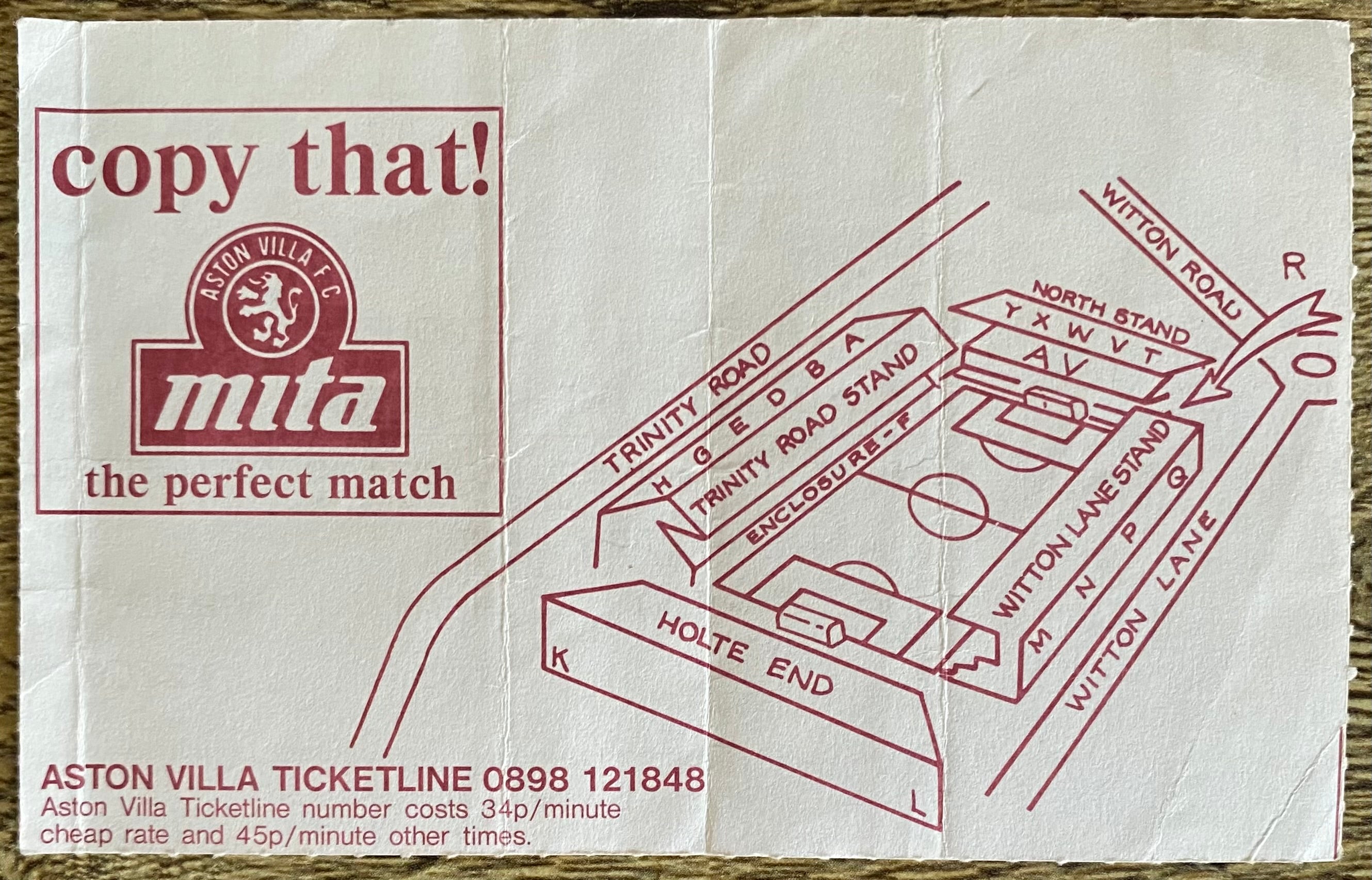 1992/93 ORIGINAL PREMIER LEAGUE TICKET ASTON VILLA V NOTTINGHAM FOREST