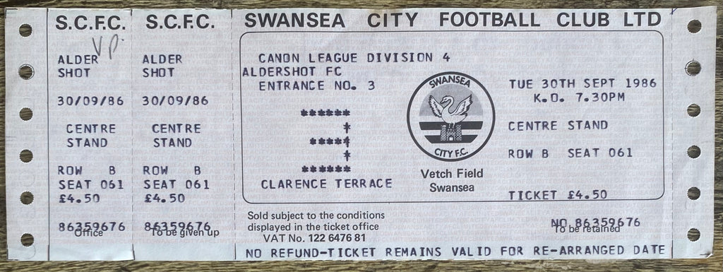 1986/87 ORIGINAL DIVISION 4 UNUSED TICKET SWANSEA CITY V ALDERSHOT