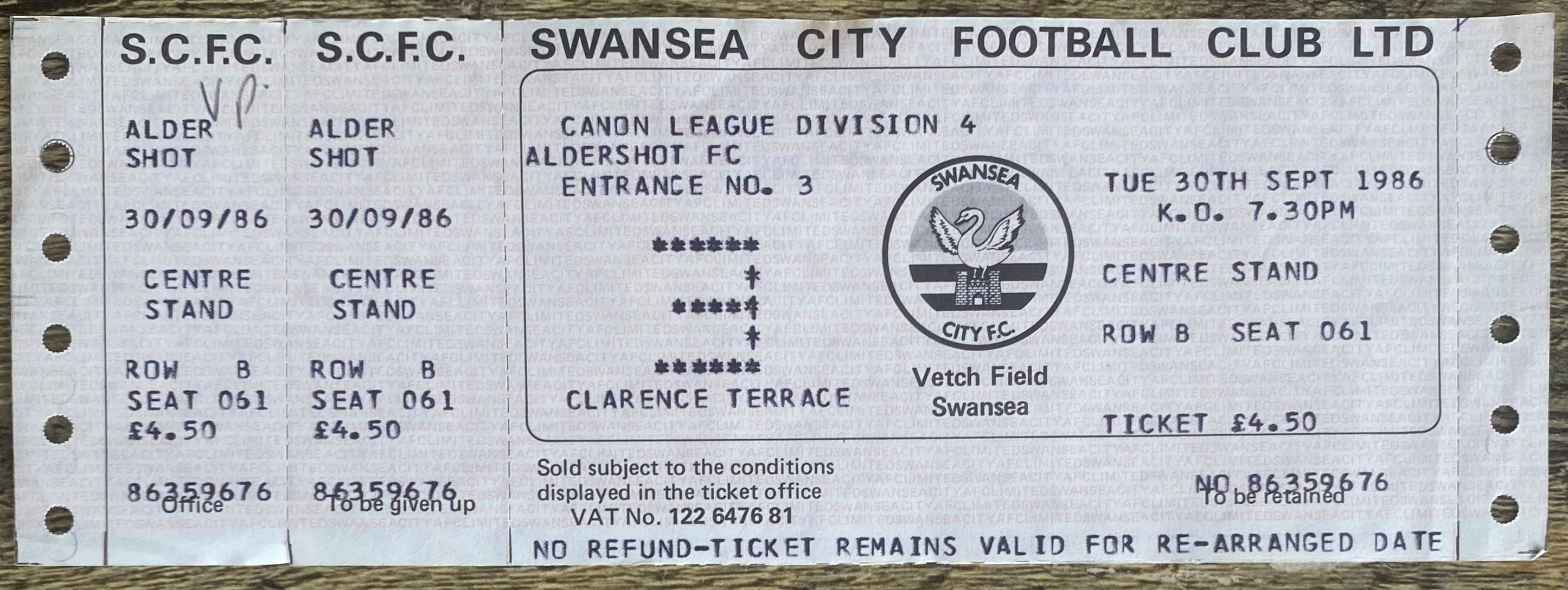 1986/87 ORIGINAL DIVISION 4 UNUSED TICKET SWANSEA CITY V ALDERSHOT