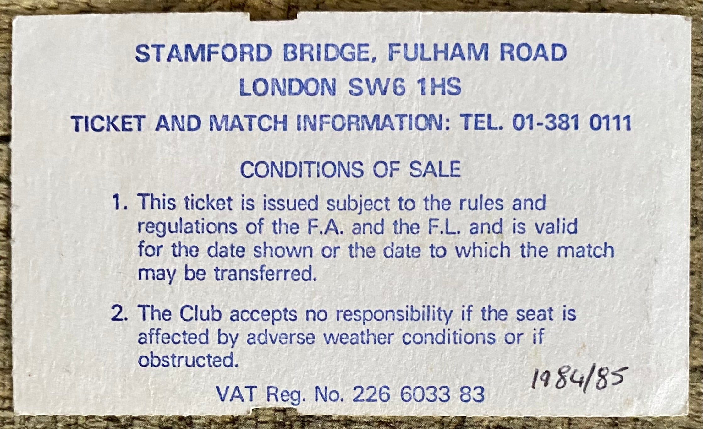 1984/85 ORIGINAL DIVISION 1 TICKET CHELSEA V TOTTENHAM HOTSPUR