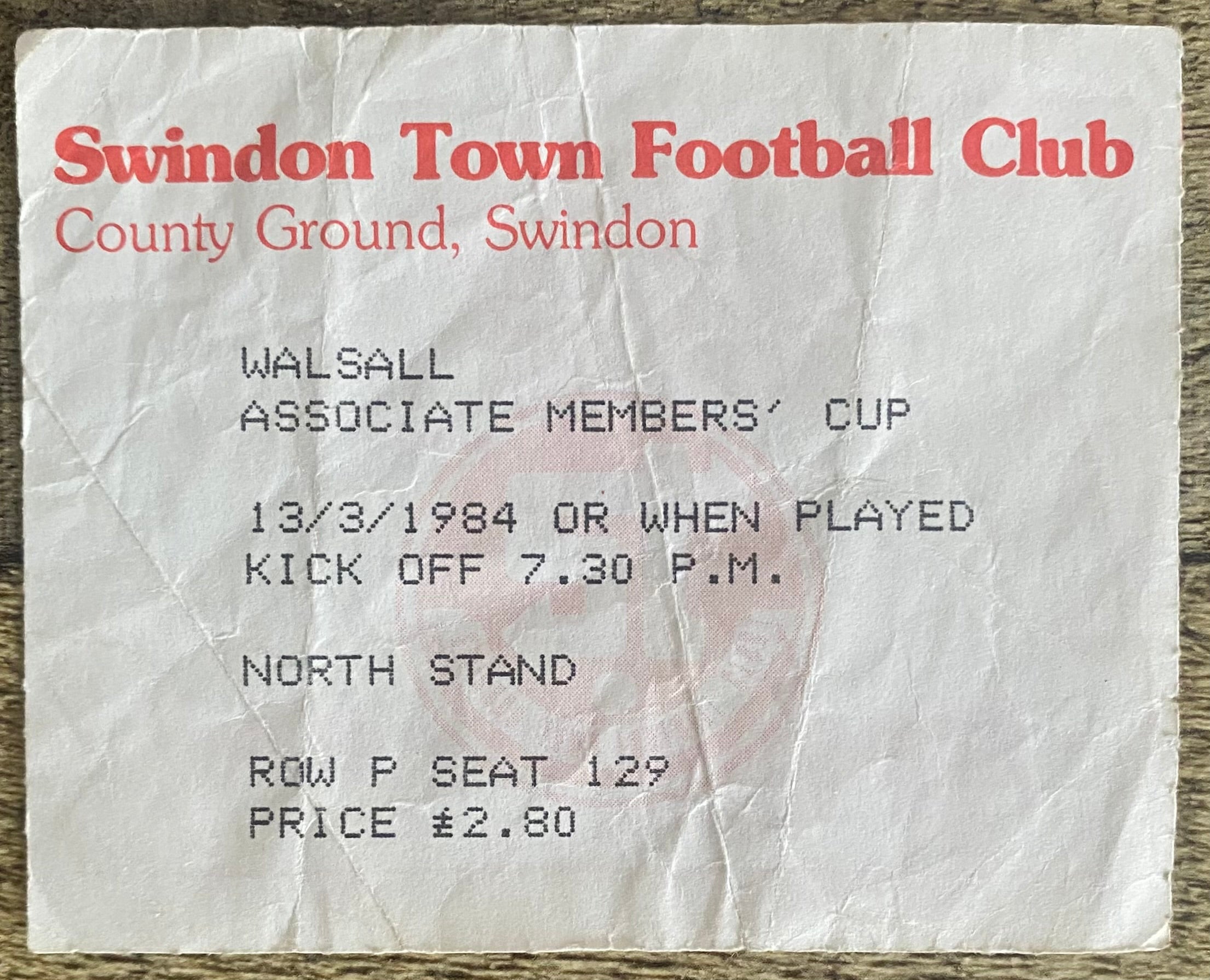1983/84 ORIGINAL ASSOCIATE MEMBERS CUP TICKET SWINDON TOWN V WALSALL