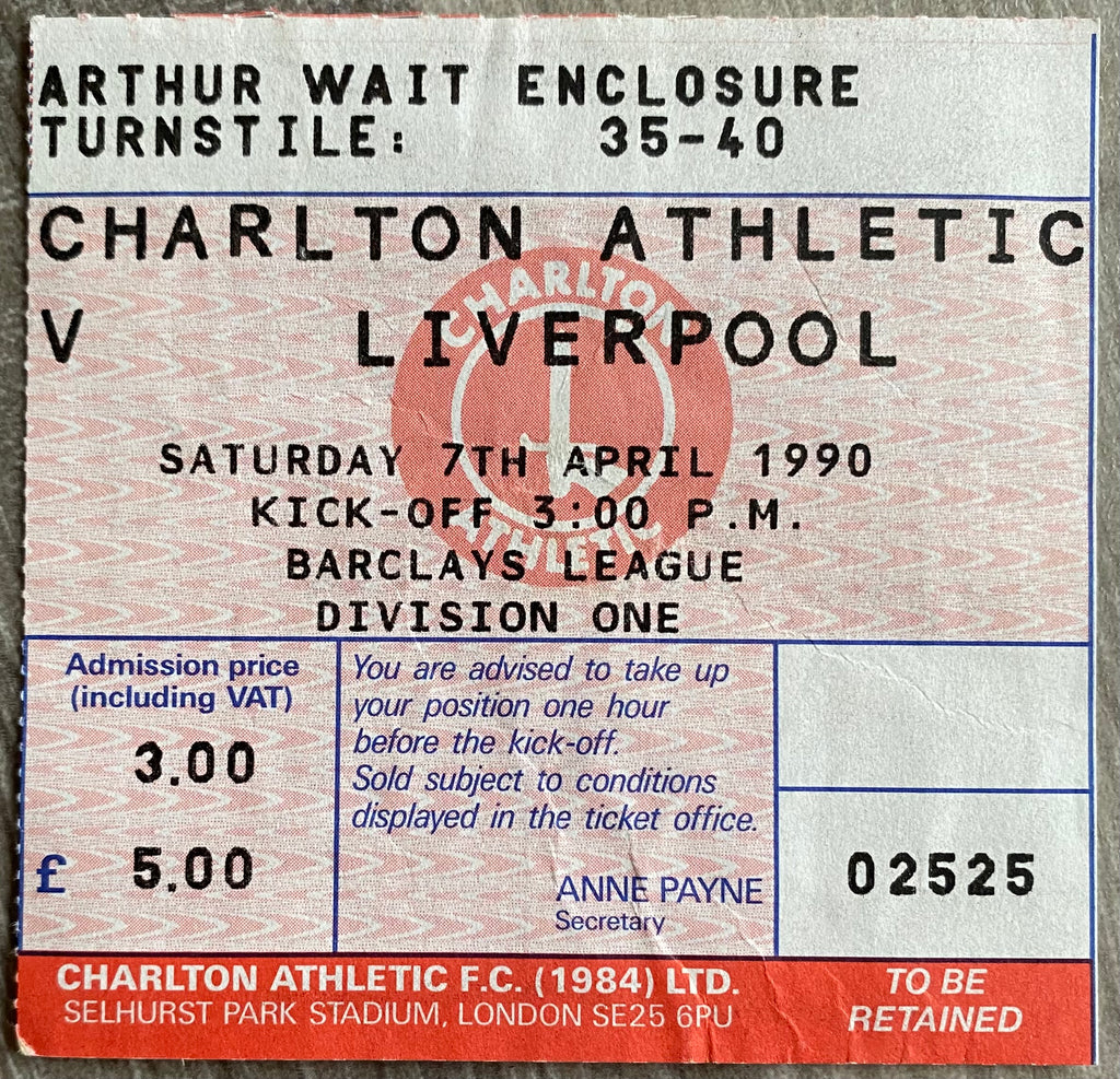 1989/90 ORIGINAL DIVISION ONE TICKET CHARLTON ATHLETIC V LIVERPOOL