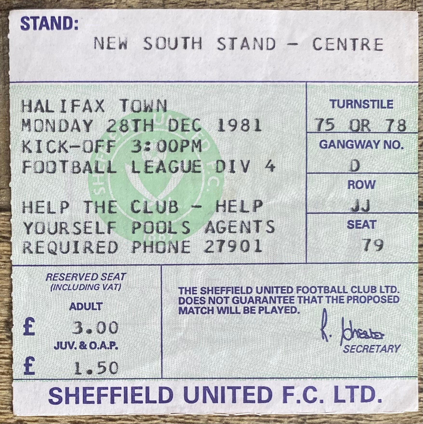1981/82 ORIGINAL DIVISION FOUR TICKET SHEFFIELD UNITED V HALIFAX TOWN