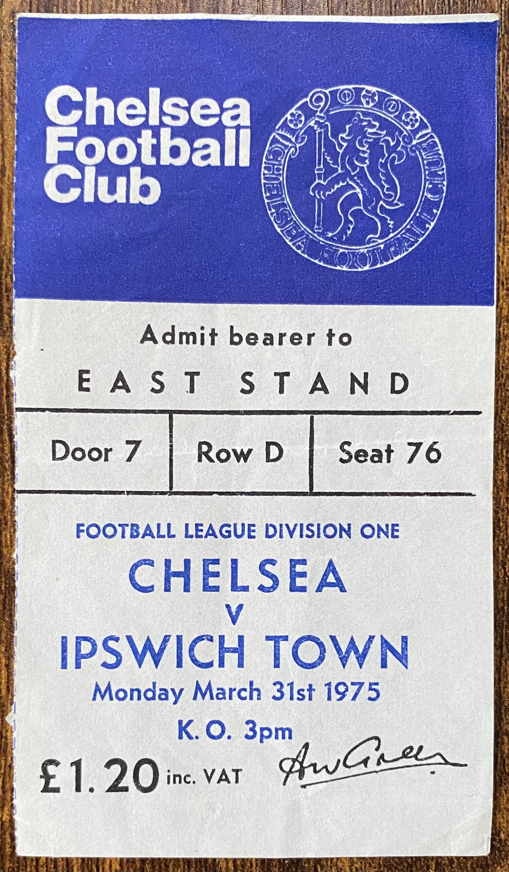 1974/75 ORIGINAL DIVISION 1 TICKET CHELSEA V IPSWICH TOWN