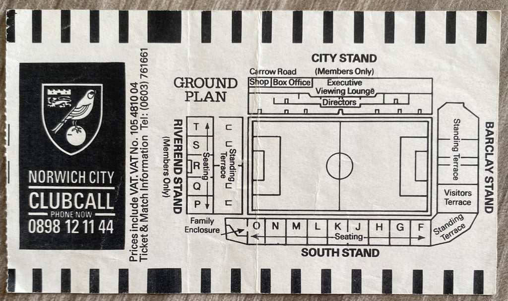 1989/90 ORIGINAL DIVISION ONE TICKET NORWICH CITY V CHARLTON ATHLETIC