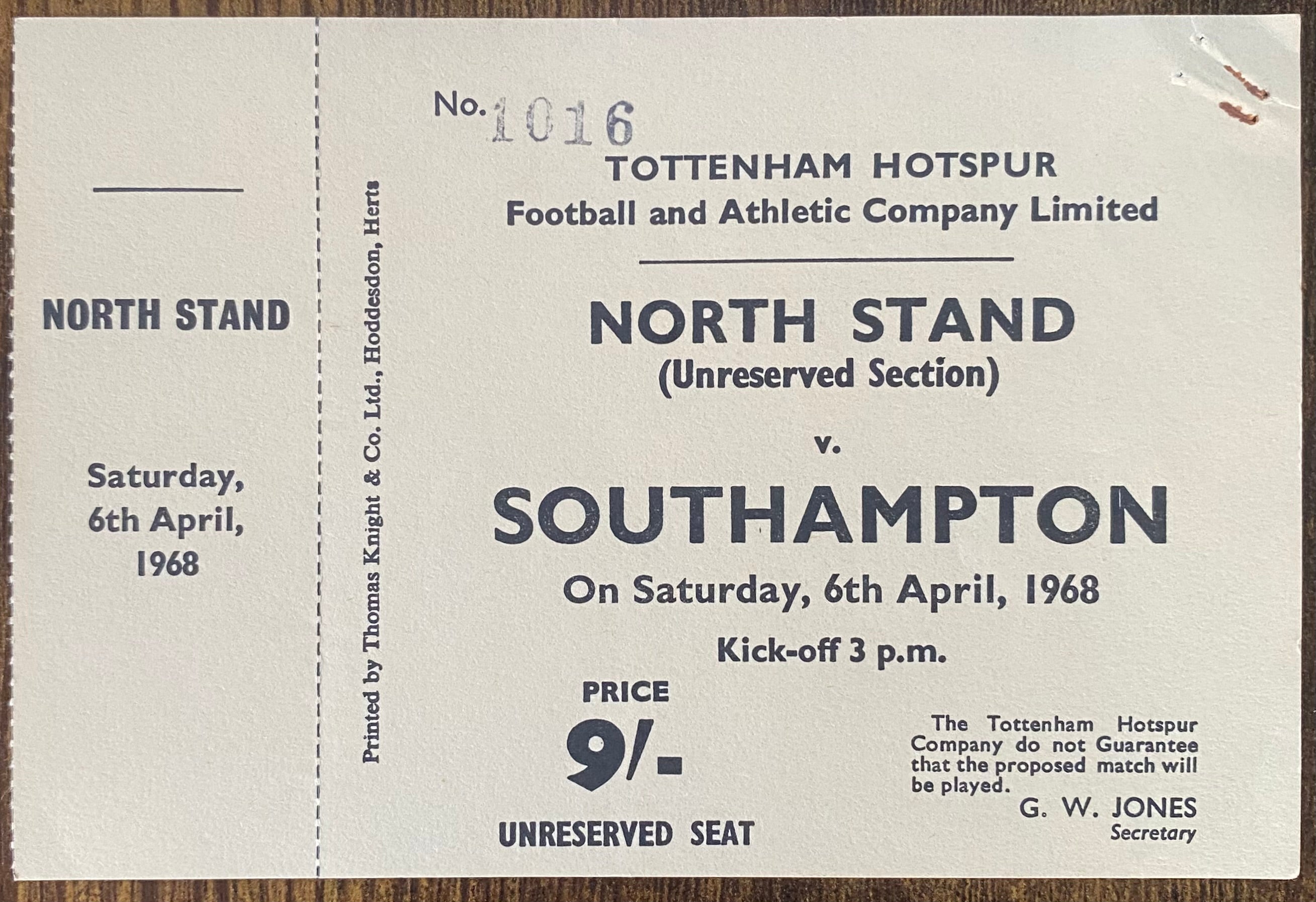 1967/68 ORIGINAL DIVISION ONE UNUSED TICKET TOTTENHAM HOTSPUR V SOUTHAMPTON