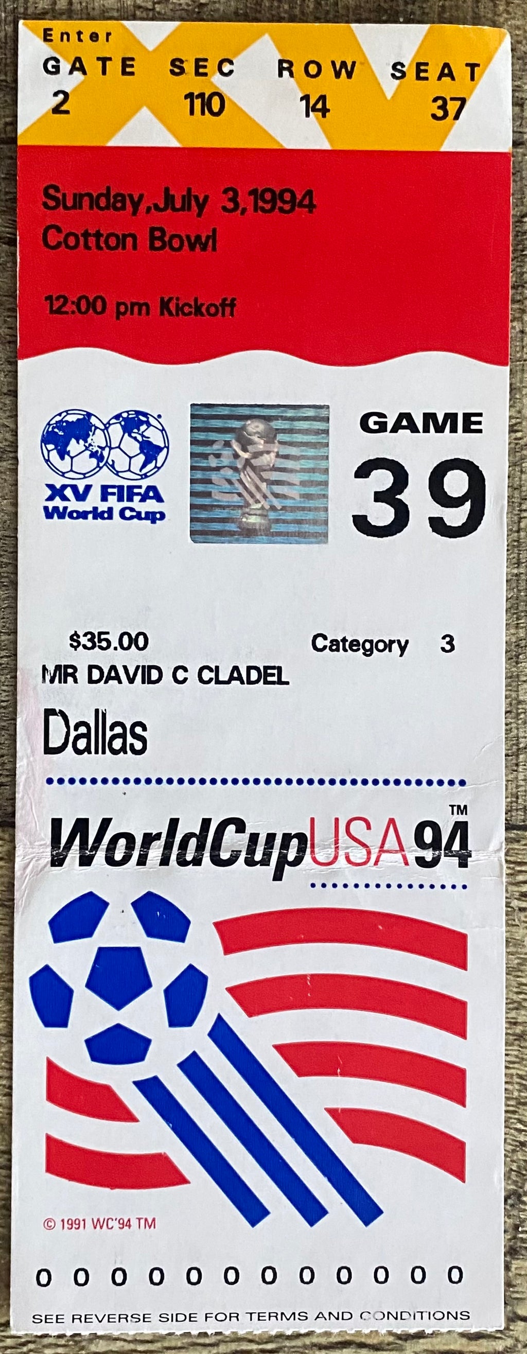 1994 ORIGINAL WORLD CUP TICKET SAUDI ARABIA V SWEDEN @ DALLAS