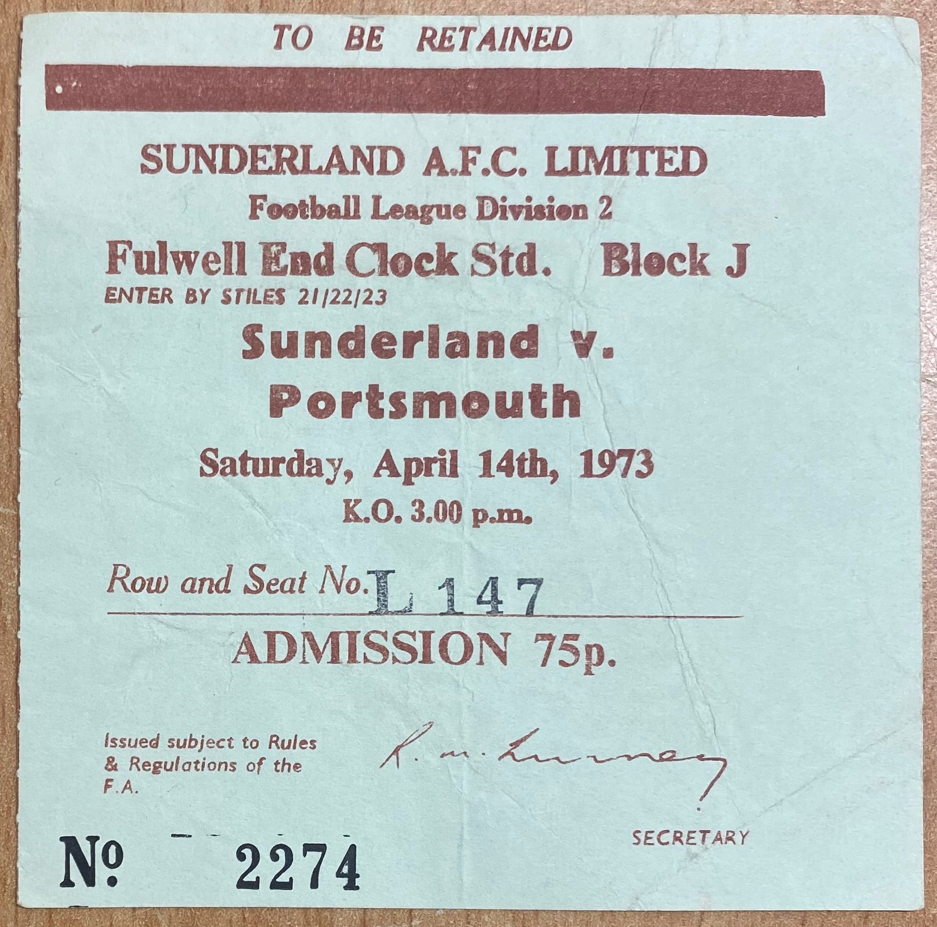 1972/73 ORIGINAL DIVISION 2 TICKET SUNDERLAND V PORTSMOUTH