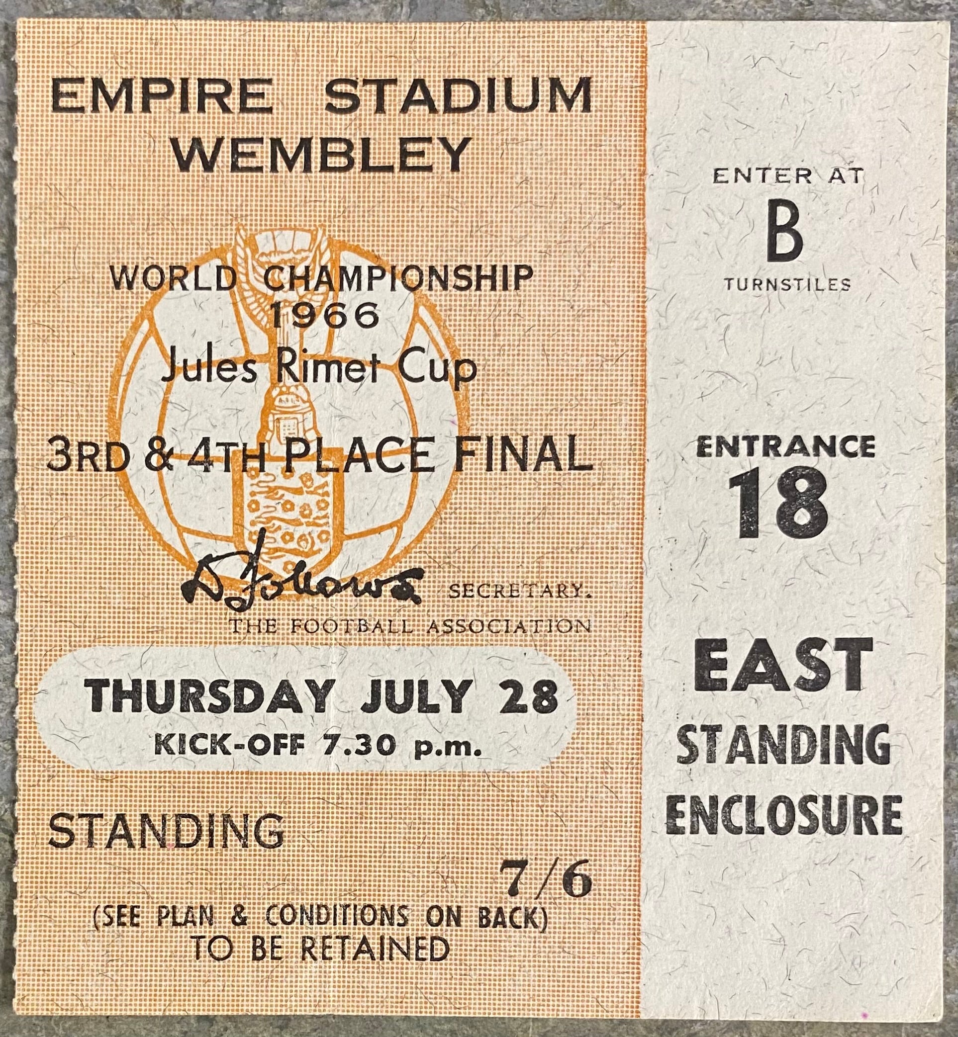 1966 ORIGINAL WORLD CUP 3RD PLACE PLAY OFF TICKET PORTUGAL V SOVIET UNION @ WEMBLEY