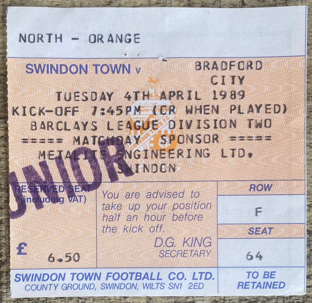 1988/89 ORIGINAL DIVISION 2 TICKET SWINDON TOWN V BRADFORD CITY