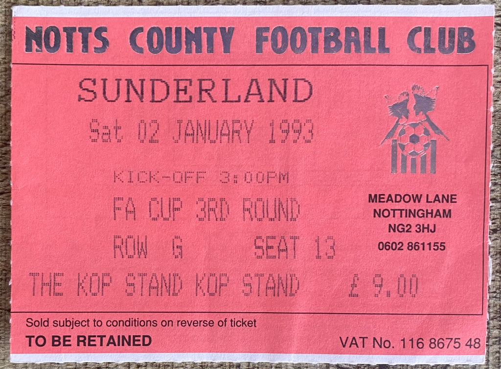 1992/93 ORIGINAL FA CUP 3RD ROUND TICKET NOTTS COUNTY V SUNDERLAND