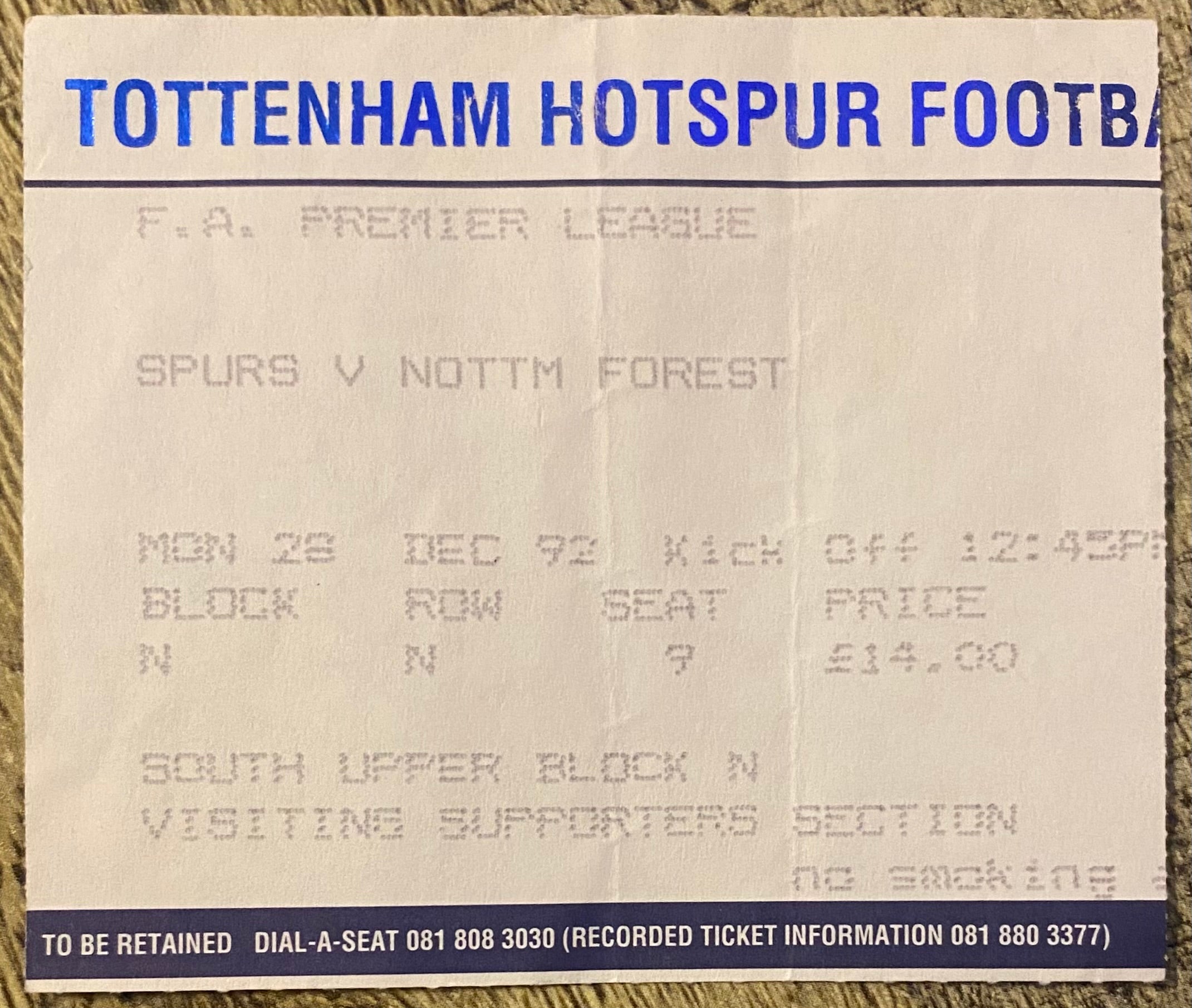 1992/93 ORIGINAL PREMIER LEAGUE TICKET TOTTENHAM HOTSPUR V NOTTINGHAM FOREST