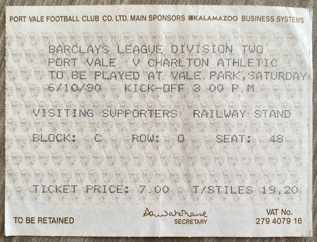 1990/91 ORIGINAL DIVISION 2 TICKET PORT VALE  V CHARLTON ATHLETIC